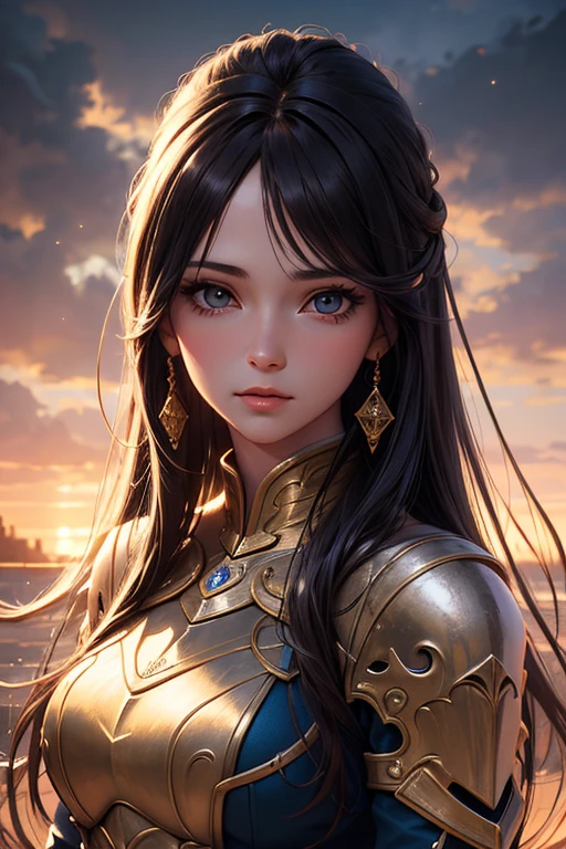 (best quality,4k,8k,highres,masterpiece:1.2),ultra-detailed,realistic:1.37,portrait,detailed face,detailed eyes,full body,woman,armor,big breasts,long eyelashes,fighting,space background,dark colors,crown