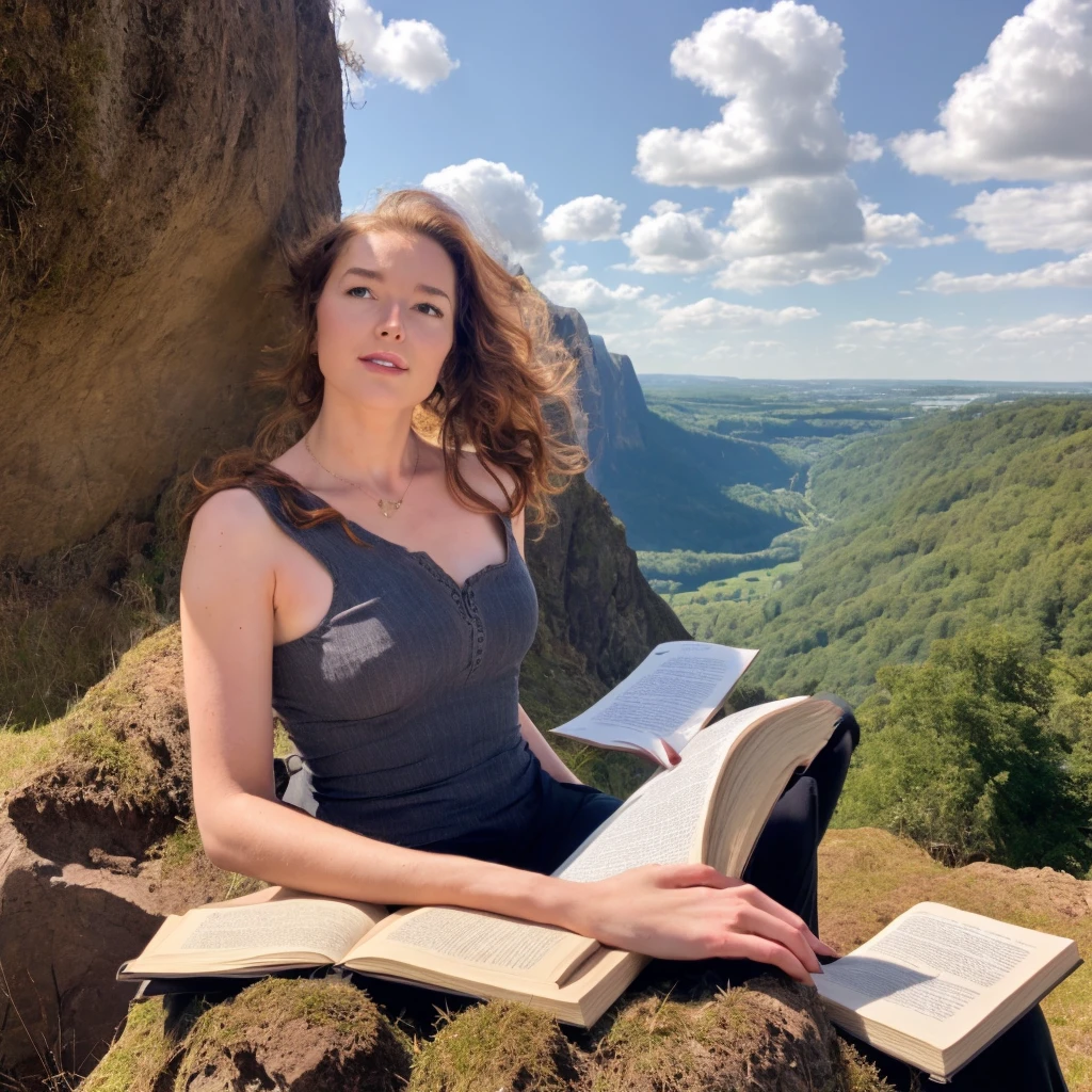  portrait of a woman , Fibiginger ,  ulybka,  cinematic , posing,  Main detail, film , , a girl sits on the edge of a cliff and looks up at the sky, and holding an open book 