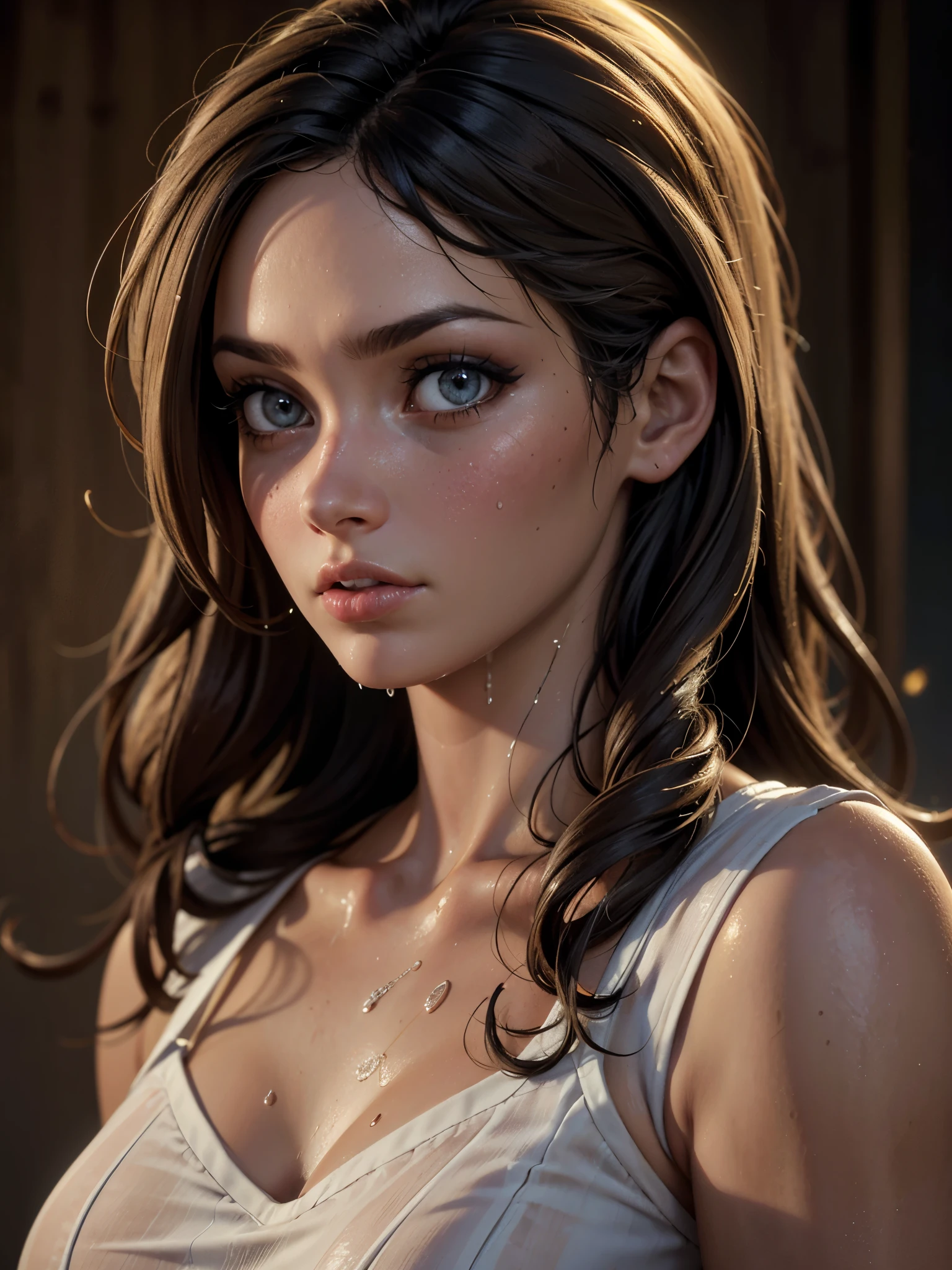 A woman wearing a striped long maxi dress, the dress is wet and soaked through, plastered tightly to her skin, high detailed, photorealistic, cinematic lighting, dramatic, mystical, moody, atmospheric, glowing skin, detailed facial features, detailed hair, beautiful detailed eyes, beautiful detailed lips, extremely detailed eyes and face, long eyelashes, dramatic camera angle, golden hour lighting, depth of field