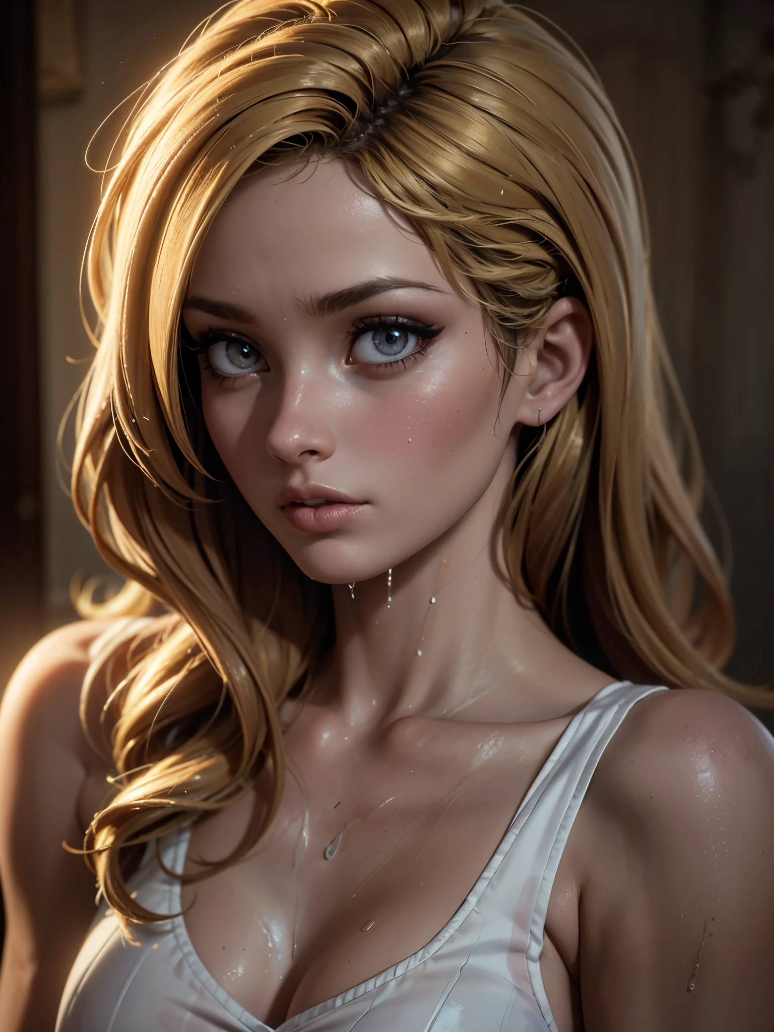 A woman wearing a striped long maxi dress, the dress is wet and soaked through, plastered tightly to her skin, high detailed, photorealistic, cinematic lighting, dramatic, mystical, moody, atmospheric, glowing skin, detailed facial features, detailed hair, beautiful detailed eyes, beautiful detailed lips, extremely detailed eyes and face, long eyelashes, dramatic camera angle, golden hour lighting, depth of field
