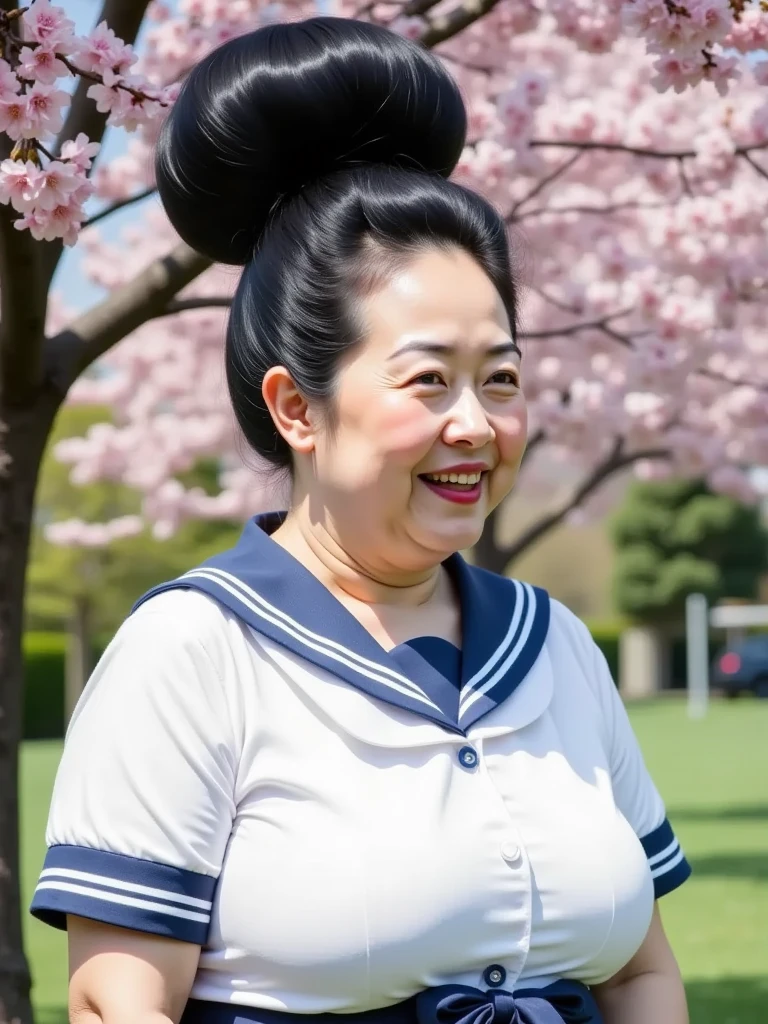 8k,Highest quality, masterpiece, Ultra-high resolution,(masterpiece:1.6, Highest quality), Intricate details, 1 female, Middle-aged woman in her 50s, japanese, upper body, from side, top of head,((jet Black Hair)) ,(An gigantic hair bun, A huge hair bun:1.５)), ((forehead:1.5)),(extremely obese,Fat face,round face,Saggy face,crow's feet wrinkies), ((super huge breasts, super gigantic breasts:1.5)), ((super Saggy breasts:1.5)), ((pale skin, shiny skin)),((mature woman with huge hair bun , white sailor suit, navy blue skirt with shirasu, under a cherry tree :1.5))