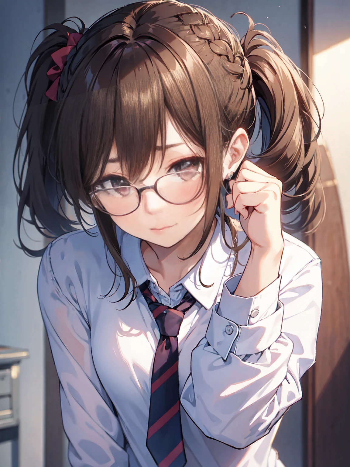 masterpiece, best quality, high resolution, UHD, 8k, ((cowboy shot)), BREAK, 1 girl, ((girl style anime)), Glossy skin, rounded eyes, beautiful eyelashes, realistic eyes, ((wearing glasses)), (detailed face, blushing:1.9), (photorealistic:1.2), sharp, Beauty of perfect body, shadow realistic perfect body, BREAK, medium breasts, ligth brown hair, with long braids, wearing a blue school sweater with a red tie, miniskirt gray platead , shiny skin, BREAK, about to fall to the floor, shocked face, mouth open, with books in the air about to fall to the ground.