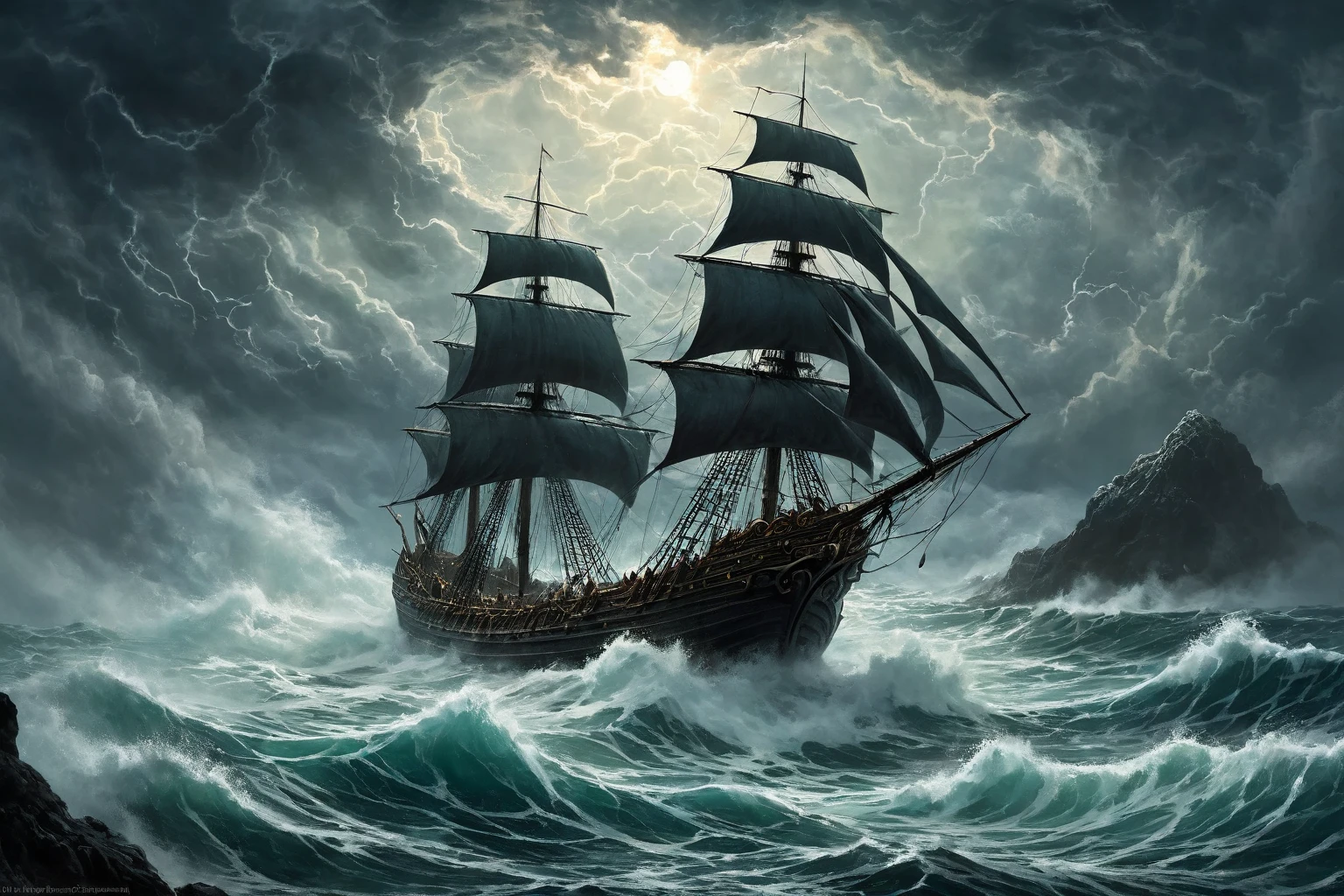 (((Sailing ship on the waves))). ( Fighting the elements ), ( Waves crash , grins foam ), ( gloomy heavy thunderstorm sky) ,  coast ,  top view from a cliff ,  raging sea waves below .  A huge creature is coming from the water , Creepy creature, lovecraftian monster,  long giant tentacles with multiple mouths with several rows of teeth,  ominous fantasy illustration ,  an oncoming creature with a long , Nyarlathotep, lovecraft landscape, Silhouette,  emerging from backlight . ( Behind him is a huge ,  more sea leviathan .  A sea serpent with a stretch face to clouds from water . In the white fog ), Lovecraft background , Lavkraftovskaya atmosphere , ( masterpiece fails,  cloud girl ,  Top image quality,  high definition ,  photorealistic, RAW photo, 8 k),   Vertical view from afar .