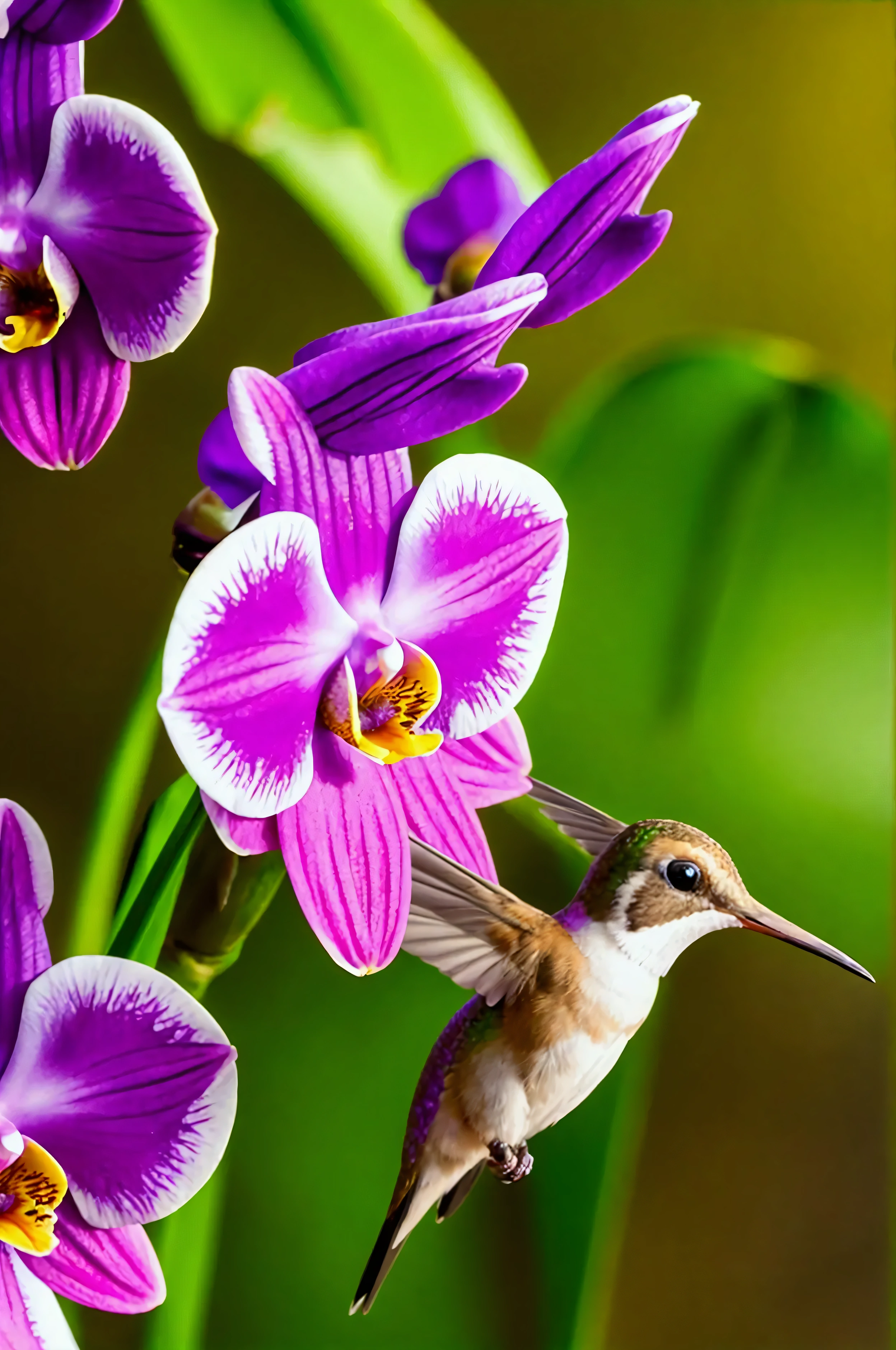 stunning macro photo of a hummingbird drinking nectar from an orchid flower, extremely detailed, high resolution, photorealistic, vivid colors, dynamic motion blur, natural lighting, beautiful bokeh background, professional photography