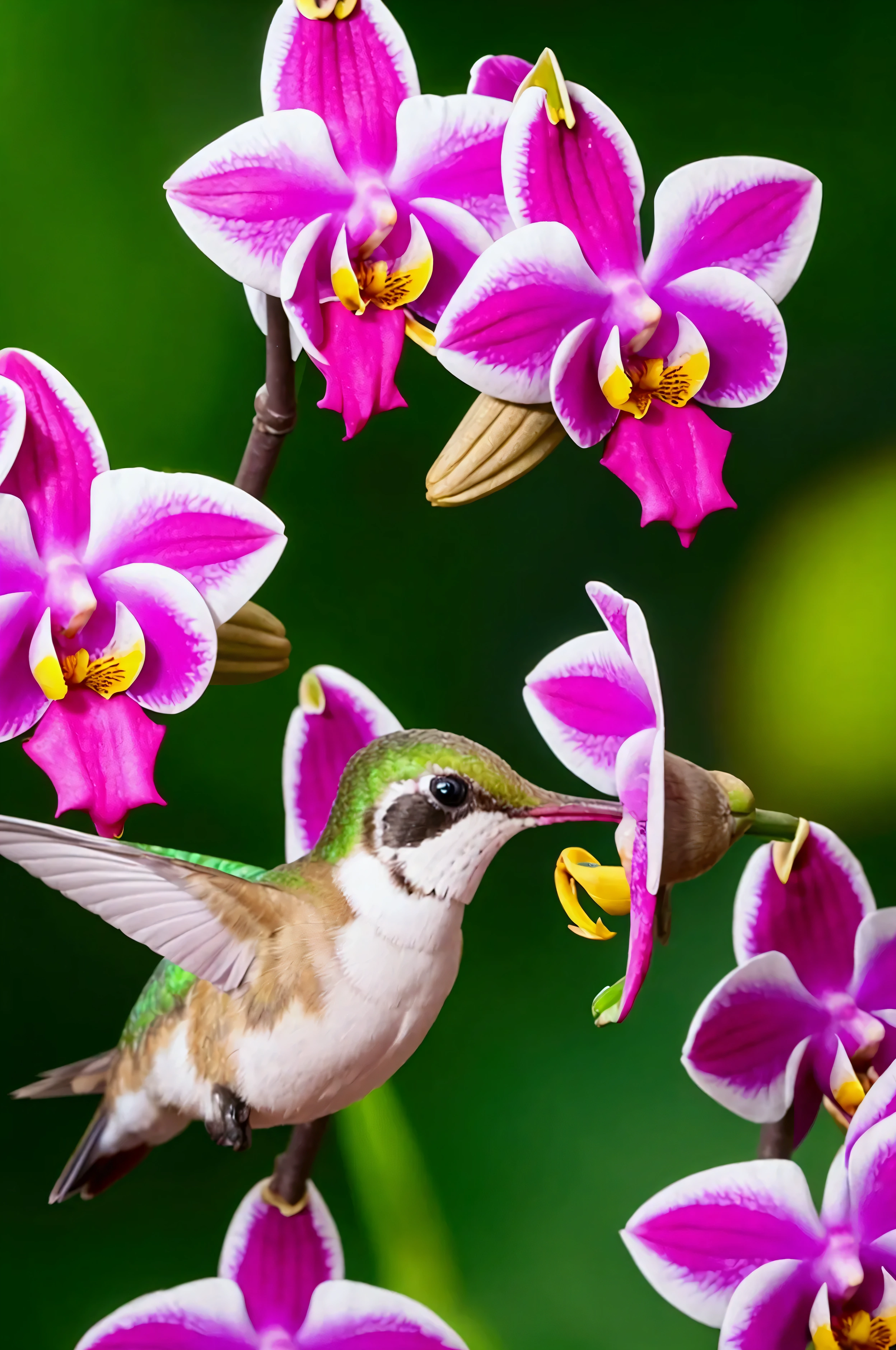 stunning macro photo of a hummingbird drinking nectar from an orchid flower, extremely detailed, high resolution, photorealistic, vivid colors, dynamic motion blur, natural lighting, beautiful bokeh background, professional photography