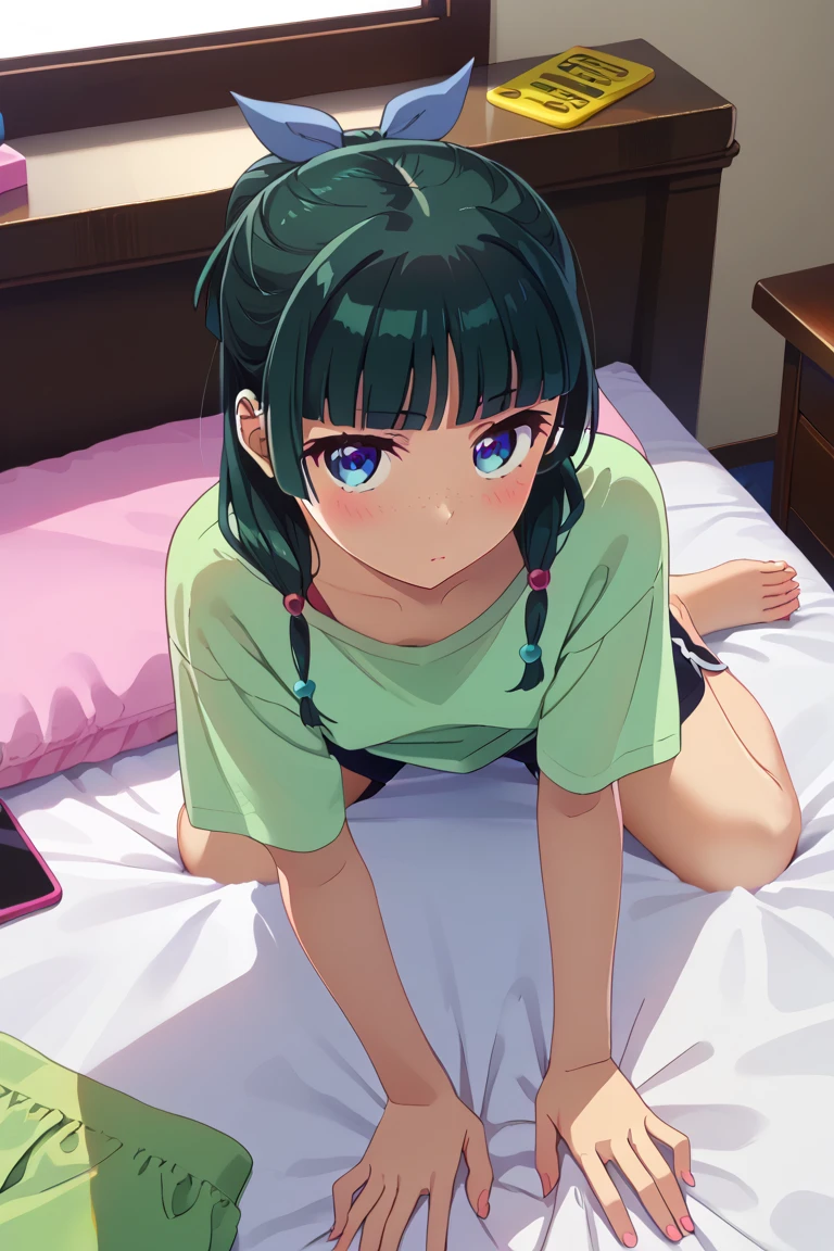 1girl, default hairstyle, hair bun, hair ribbon, blue ribbon, sidelocks, blunt bangs, hair beads, half updo, low twintails, hair over shoulder, freckles, small breasts, pale skinned, petite    dynamic angle, takeda hiromitsu style,    skinny, petite body, perfect cute face, ((wide hips)), small breasts, teardrop_breasts, small tight ass, pale skin,  feet, lounge shorts, oversized pajama tshirt, oversized shirt, playing a gameboy, looking at gameboy, BREAK Lying on bed, laying on stomach, head pointed away from viewer, playing video games, tshirt hanging off one shoulder, down blouse shot, show nipple show tits BREAK