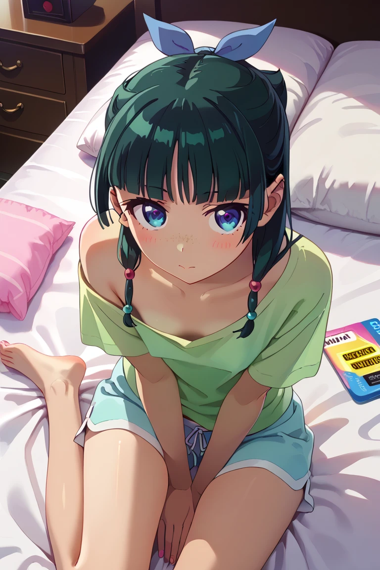 1girl, default hairstyle, hair bun, hair ribbon, blue ribbon, sidelocks, blunt bangs, hair beads, half updo, low twintails, hair over shoulder, freckles, small breasts, pale skinned, petite    dynamic angle, takeda hiromitsu style,    skinny, petite body, perfect cute face, ((wide hips)), small breasts, teardrop_breasts, small tight ass, pale skin,  feet, lounge shorts, oversized pajama tshirt, oversized shirt, playing a gameboy, looking at gameboy, BREAK Lying on bed, laying on stomach, head pointed away from viewer, playing video games, tshirt hanging off one shoulder, down blouse shot, show nipple show tits BREAK