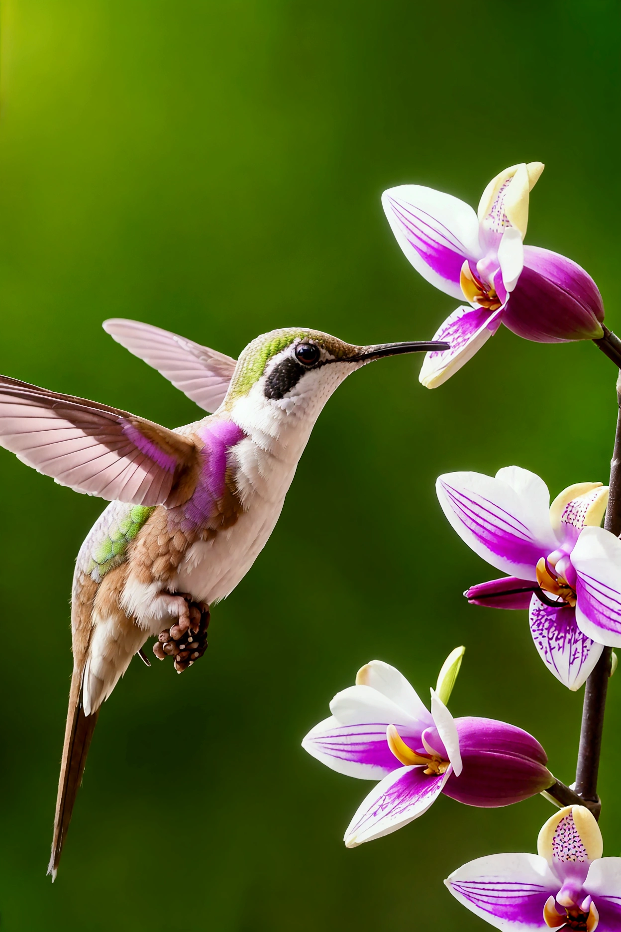 stunning macro photo of a hummingbird drinking nectar from an orchid flower, extremely detailed, high resolution, photorealistic, vivid colors, dynamic motion blur, natural lighting, beautiful bokeh background, professional photography