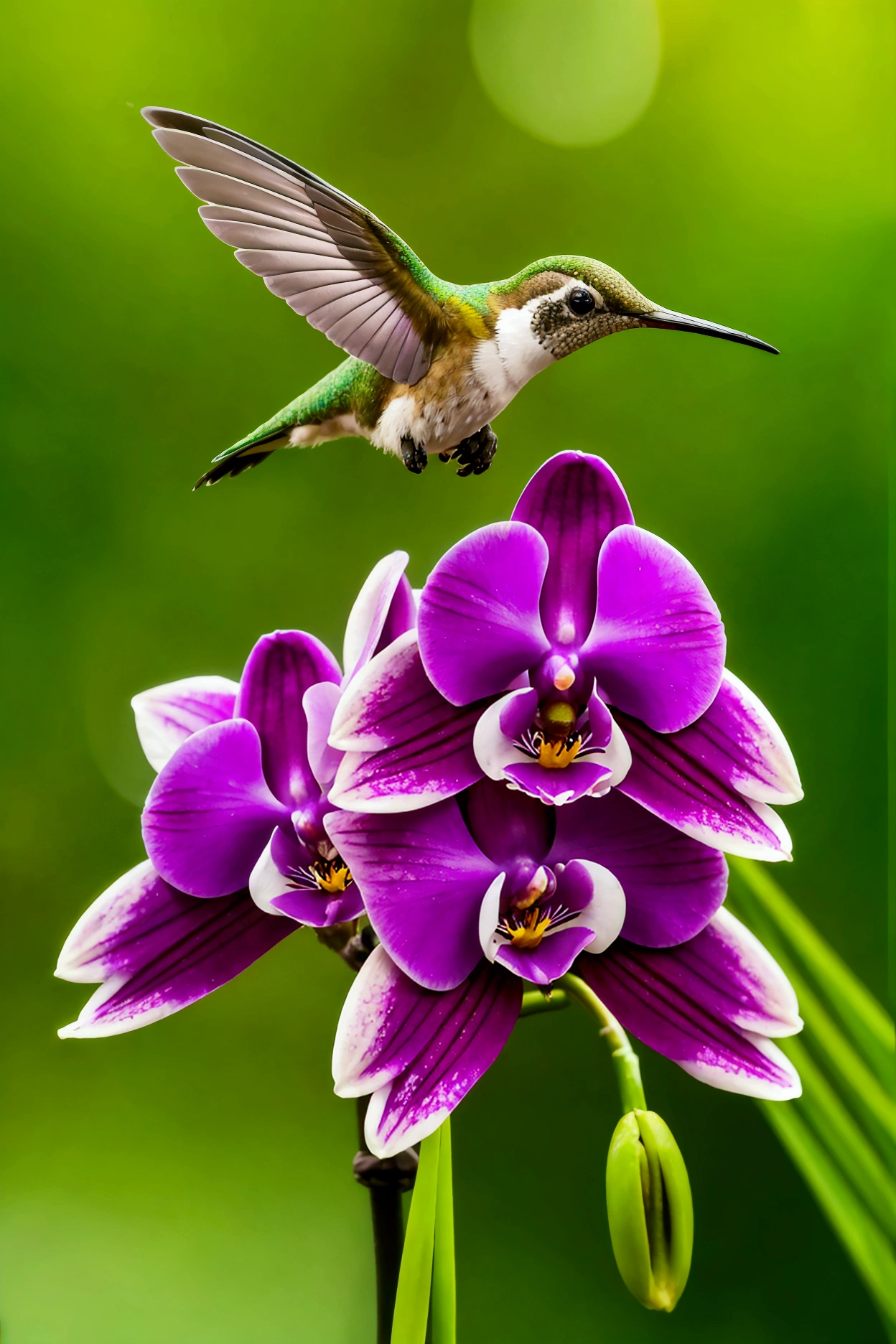 stunning macro photo of a hummingbird drinking nectar from an orchid flower, extremely detailed, high resolution, photorealistic, vivid colors, dynamic motion blur, natural lighting, beautiful bokeh background, professional photography