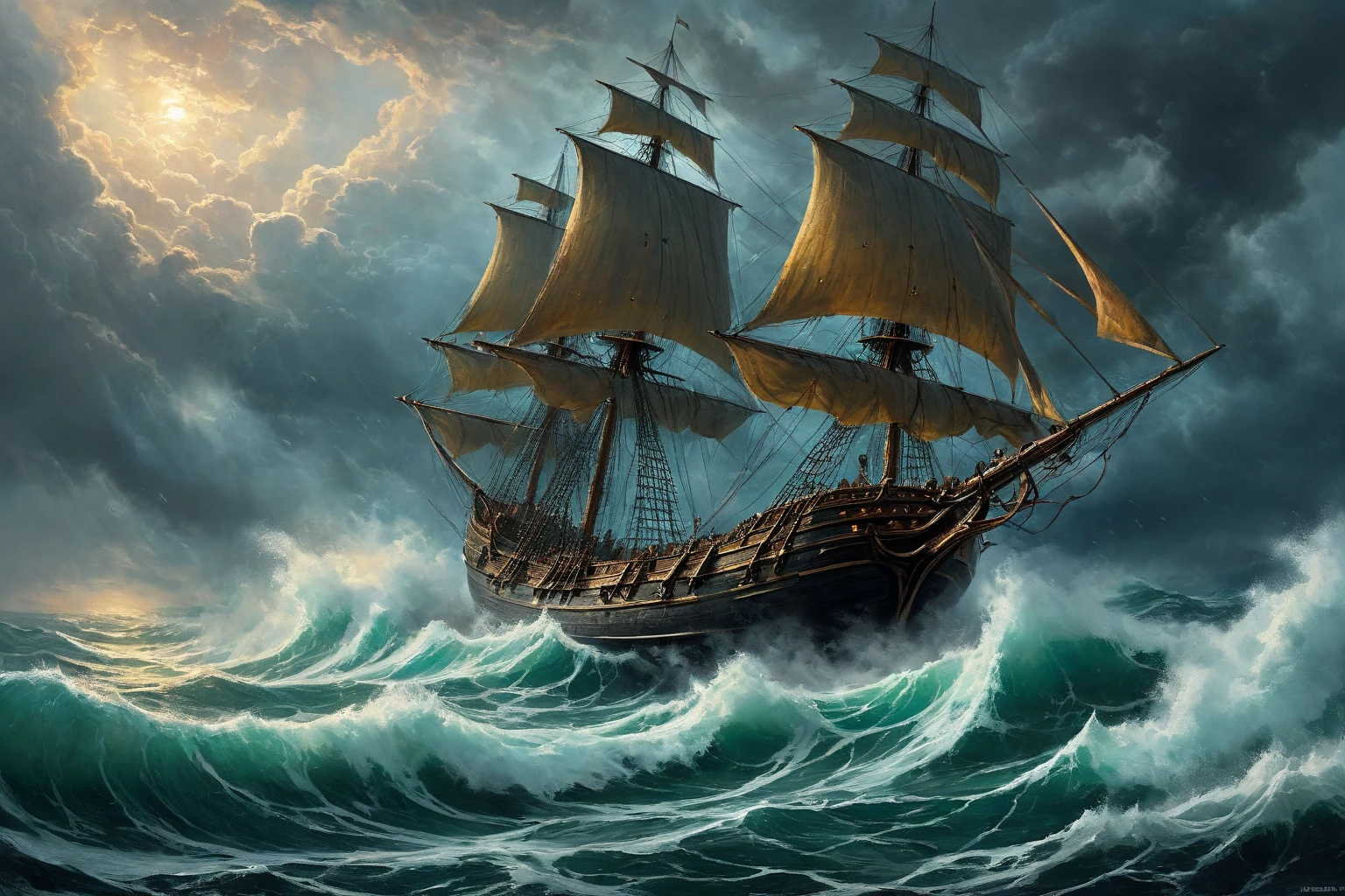 (((Sailing ship on the waves))). ( Fighting the elements ), ( Waves crash , grins foam ), ( gloomy heavy thunderstorm sky) ,  coast ,  top view from a cliff ,  raging sea waves below .  A huge creature is coming from the water , Creepy creature, lovecraftian monster,  long giant tentacles with multiple mouths with several rows of teeth,  ominous fantasy illustration ,  an oncoming creature with a long , Nyarlathotep, lovecraft landscape, Silhouette,  emerging from backlight . ( Behind him is a huge ,  more sea leviathan .  A sea serpent with a stretch face to clouds from water . In the white fog ), Lovecraft background , Lavkraftovskaya atmosphere , ( masterpiece fails,  cloud girl ,  Top image quality,  high definition ,  photorealistic, RAW photo, 8 k),   Vertical view from afar . ((Стиль Greg Rutkowski)), ((Aivazovsky style)), ( oil painting ). (( set of details )).