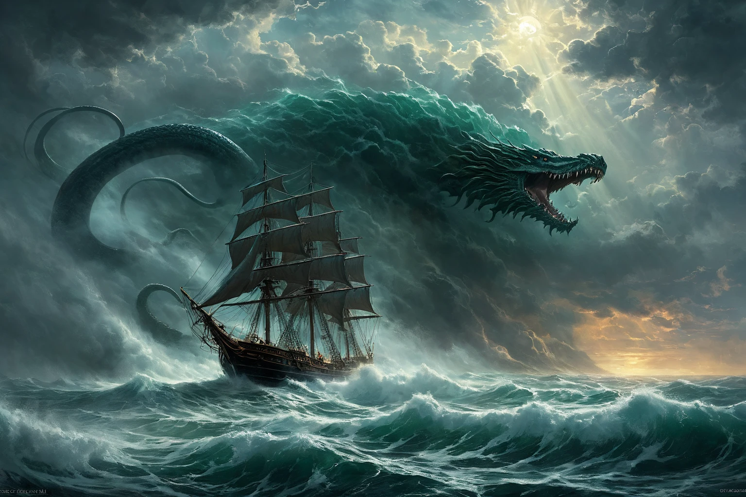 (((Sailing ship on the waves))). ( Fighting the elements ), (( rays of light break through the clouds, rays of light fall on the water )) ( Waves crash , grins foam ), ( gloomy heavy thunderstorm sky) ,  coast ,  top view from a cliff ,  raging sea waves below . (( A huge creature is coming from the water , Creepy creature, lovecraftian monster)),  long giant tentacles with multiple mouths with several rows of teeth,  ominous fantasy illustration ,  an oncoming creature with a long , Nyarlathotep, lovecraft landscape, Silhouette,  emerging from backlight . ( Behind him is a huge ,  more sea leviathan .  A sea serpent with a stretch face to clouds from water . In the white fog ), Lovecraft background , Lavkraftovskaya atmosphere , ( masterpiece fails,  cloud girl ,  Top image quality,  high definition ,  photorealistic, RAW photo, 8 k),   Vertical view from afar . ((Стиль Greg Rutkowski)), ((Aivazovsky style)), ( oil painting ). (( set of details )).