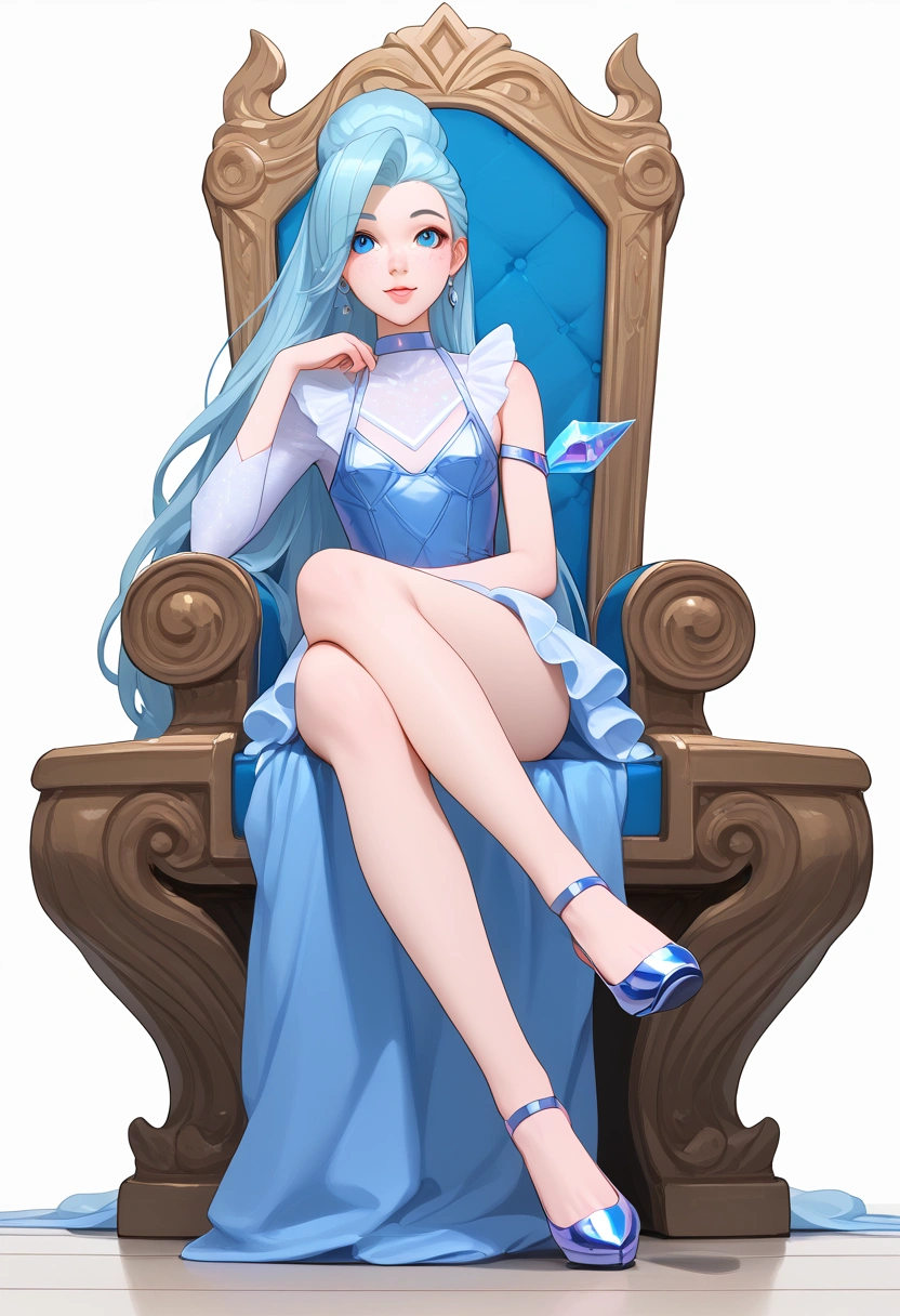 ((full body photo, standing, feet on the ground)) KDA All Out Seraphine .League of Legends., masterpiece, best quality, (sitting on throne, legs crossed, showing feet, profile photo), highly detailed, score_9, score_8_up, score_7_up, score_6_up, anime font ,BREAK, 2girl, solo, long hair, blue eyes, flower, small breasts, bow, looking at viewer, freckles, parted lips, smile, full body, lips red, lips, leather ballet shoes, side photo, she looks at you, fishnets, white background, neutral cast
