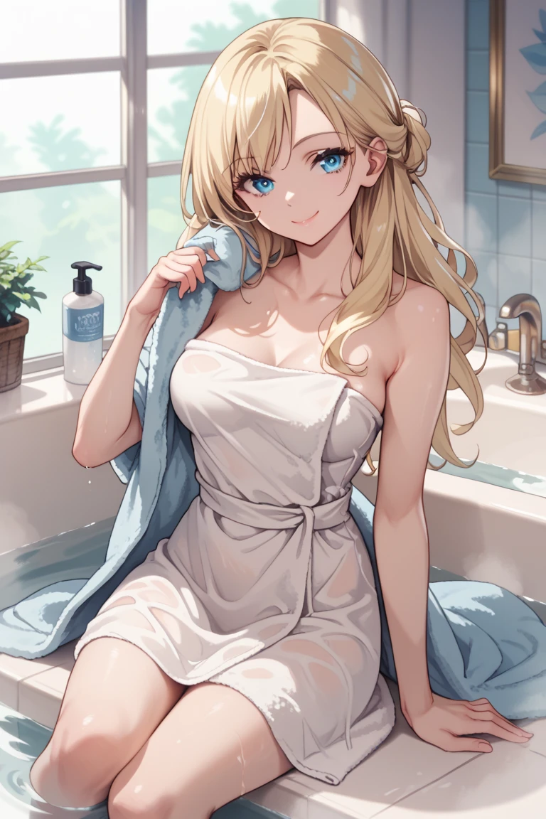 , alone, long hair, blonde hair, icy blue eyes, medium breast, looking at you, smile, sitting, white bath towel, white walls, bathroomAlta resolución, 