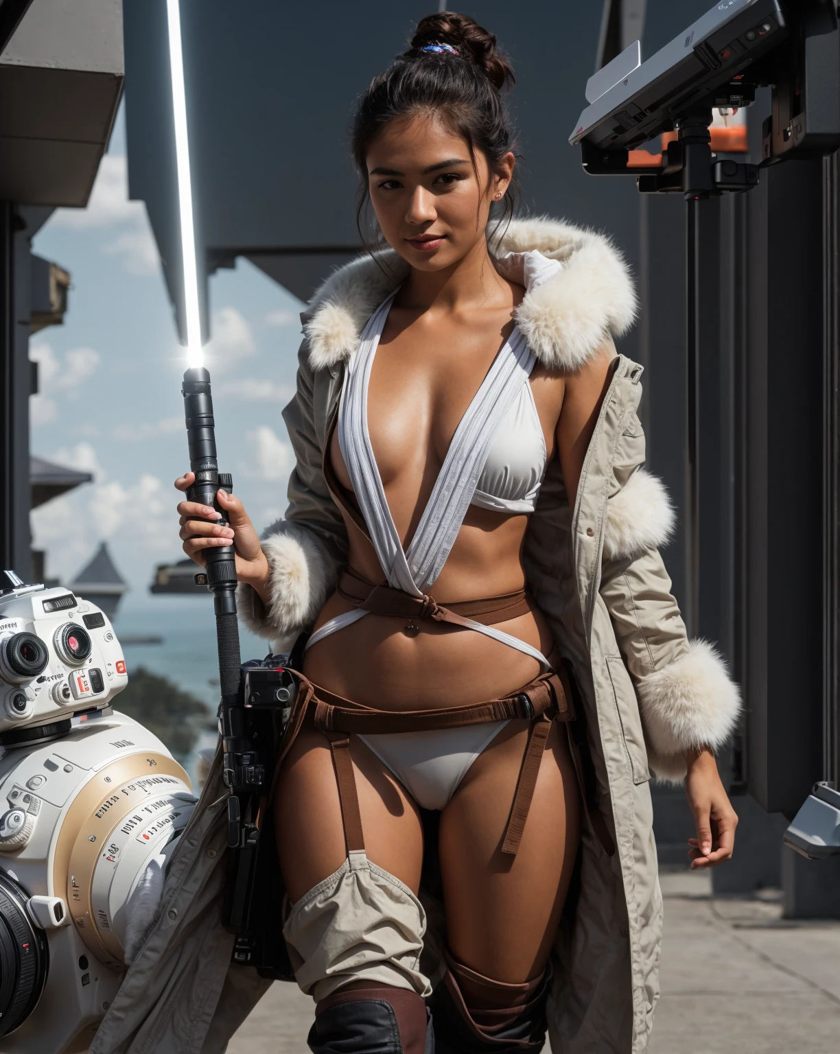 Photorealistic futuristic sci-fi underwear, Matching bra and panties, Camel Toe, Tight and sexy lingerie, Jedi Cape、Anxiety expression, Droid Companion, Star Wars themed background, software、Hands raised above the head、Showing off his crotch、The captured soldier、Brave soldiers、Seeking help、Brown cloak、Big Ass、Surrendering