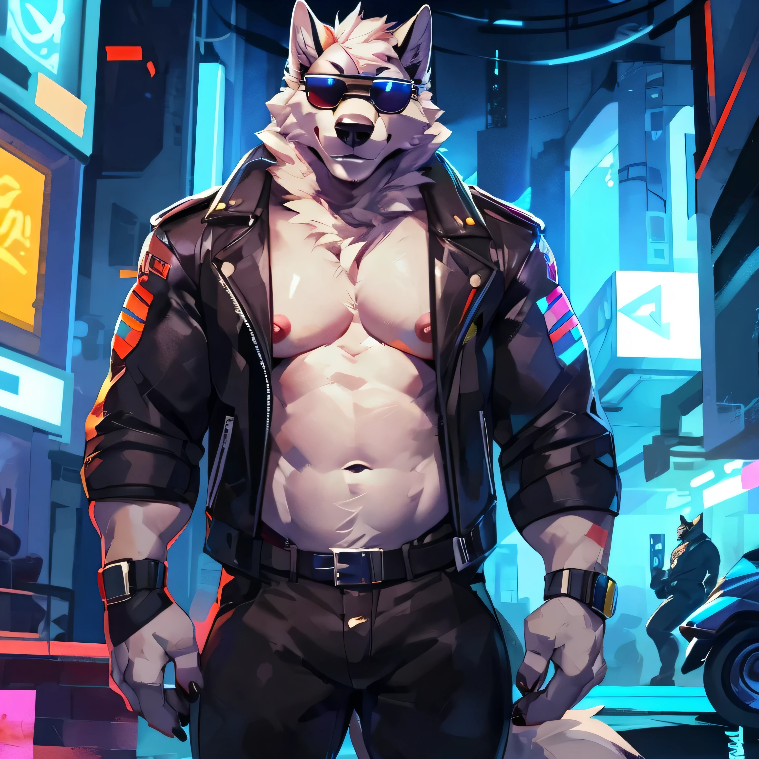boopernova,furry,rainbow mohawk:1.5,rainbow nose:1.5,rainbow mane,anthro,anthro wolf,kkw-fur,white fur,anthro,anthro wolf,very pure white fur,photo,cityscape,gradient background,dreamlike,((futurism)),glowing neon lights,Cinematic Lighting,moody lighting,highres,fantasy,cyberpunk,city_lights,full body,full body view,far shot,(ultra detailed:1.5),High-resolution photograph,8k,(far shot:1.4),(highly detailed:1.5),(detailed face:1.4),