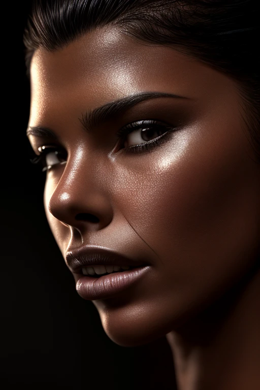 a beautiful detailed face of a female, black hair, extremely detailed skin texture, photorealism, best quality, natural lighting, portrait, digital art, chiaroscuro lighting, dramatic lighting, cinematic, elegant, ethereal, mysterious, intricate details