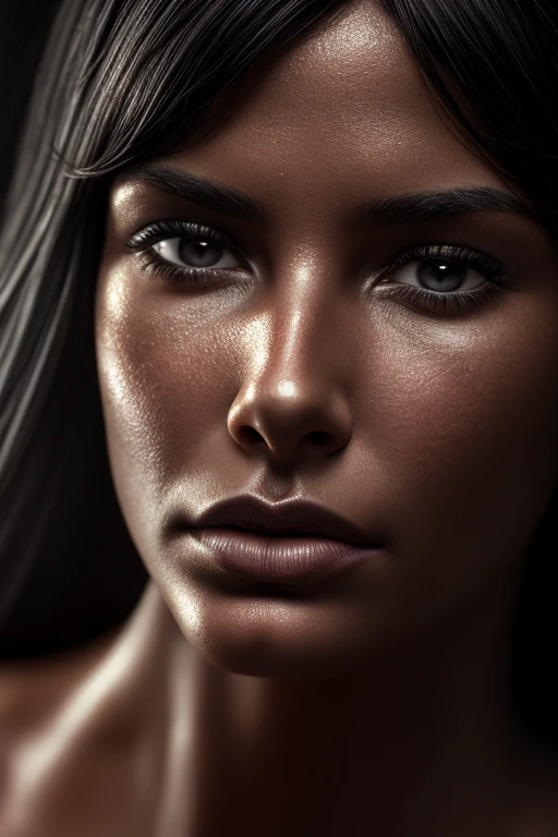 a beautiful detailed face of a female, black hair, extremely detailed skin texture, photorealism, best quality, natural lighting, portrait, digital art, chiaroscuro lighting, dramatic lighting, cinematic, elegant, ethereal, mysterious, intricate details