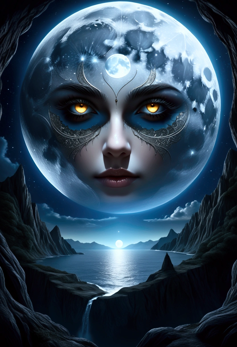 A detailed fantasy drawing of a full moon with many eyes, intricate celestial patterns, and a mystical, dream-like atmosphere, (best quality,4k,8k,highres,masterpiece:1.2),ultra-detailed,(realistic,photorealistic,photo-realistic:1.37),detailed fantasy moon,celestial moon with eyes,surreal moon eyes,ethereal moon, detailed celestial patterns, dreamlike moon, mystical moon, fantastical moon, dark fantasy moon, intricate moon details, exquisite moon drawing, moody moon, atmospheric moon, moon with celestial imagery, detailed moon textures, dramatic moon lighting, surreal moon scene