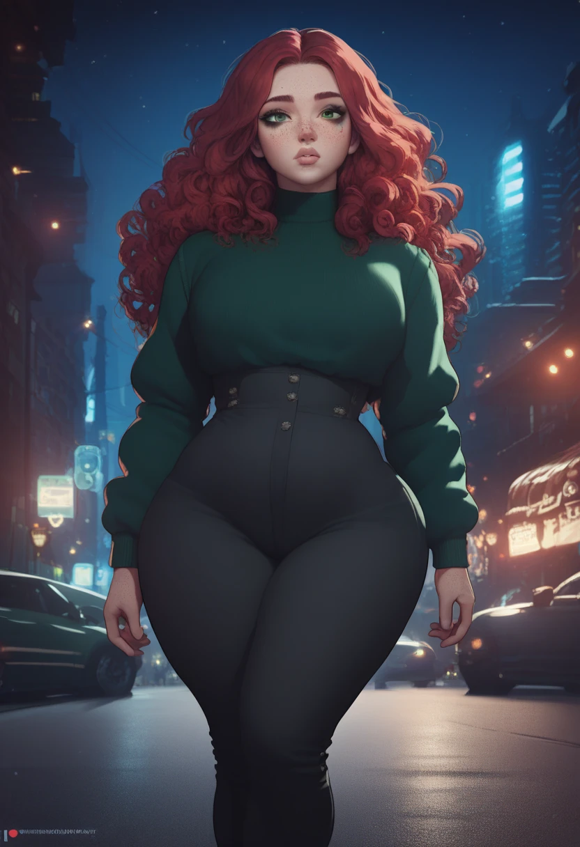 High quality, high resolution, masterpiece, intricate details, 1 girl, beautiful face, feminine makeup, plump lips, freckles, gorgeous green eyes, long red hair, beautiful wavy hair, green long sleeved sweather, black pants, green sneakers, slim waist, wide hips, fat butt, beautiful legs, night, moonlight, modern city, big city, detailed background, lights 