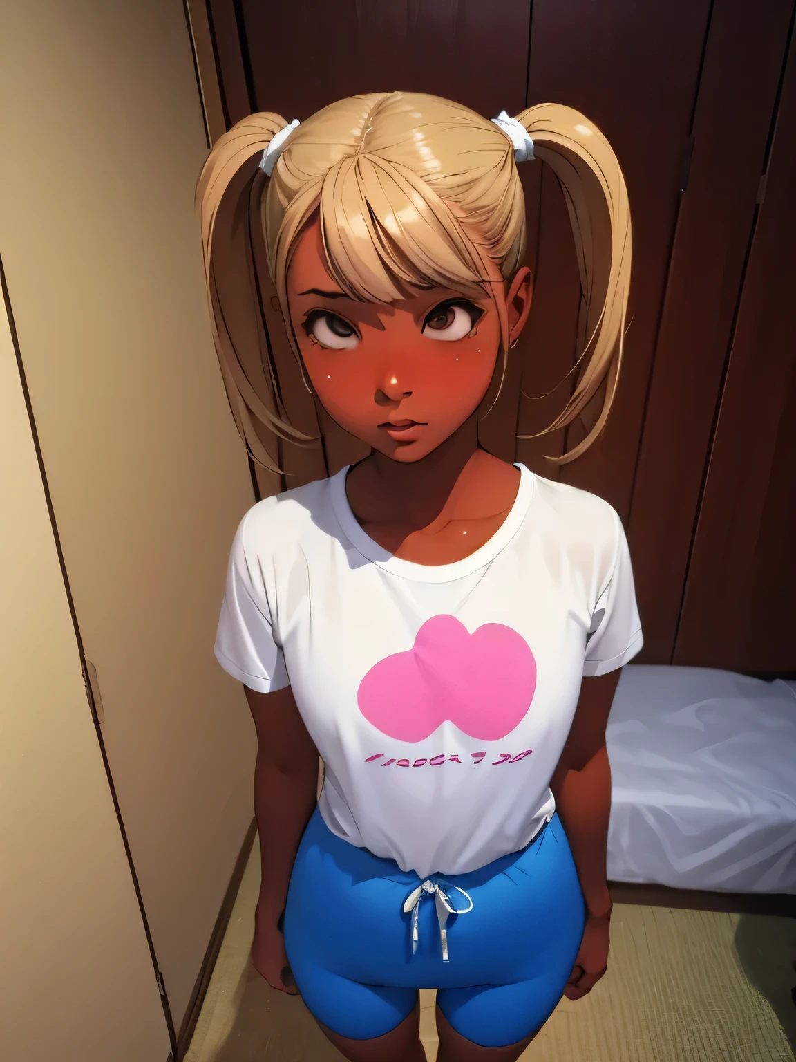 masterpiece、top-quality、 skin is tanned 、Brown Skin、 Short Blonde Twin Tails 、Blonde dyed hair、The upper body is wearing a light T-shirt 、 wear pink bike shorts for the lower body、Flat、 disgusting face、 handbag 、blush、Sweaty、 standing、Like the whole body、 beautiful Japanese girl 、 female 、I don't like it at work 々Beautiful Girl Who Came 、 scene where a man walks into a dirty bedroom、 Official Art 、Photographed in modern Japan 、Take a full body image