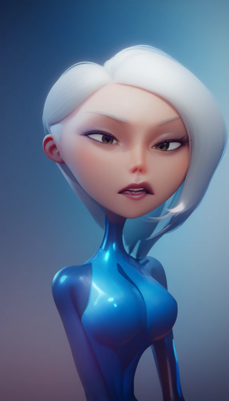 Tanned Woman with silver hair. She is wearing a skin-tight blue wetsuit. She is  floating upright in water encased inside a sci-fi stasis metal coffin. She looks distressed with a frowning mouth.