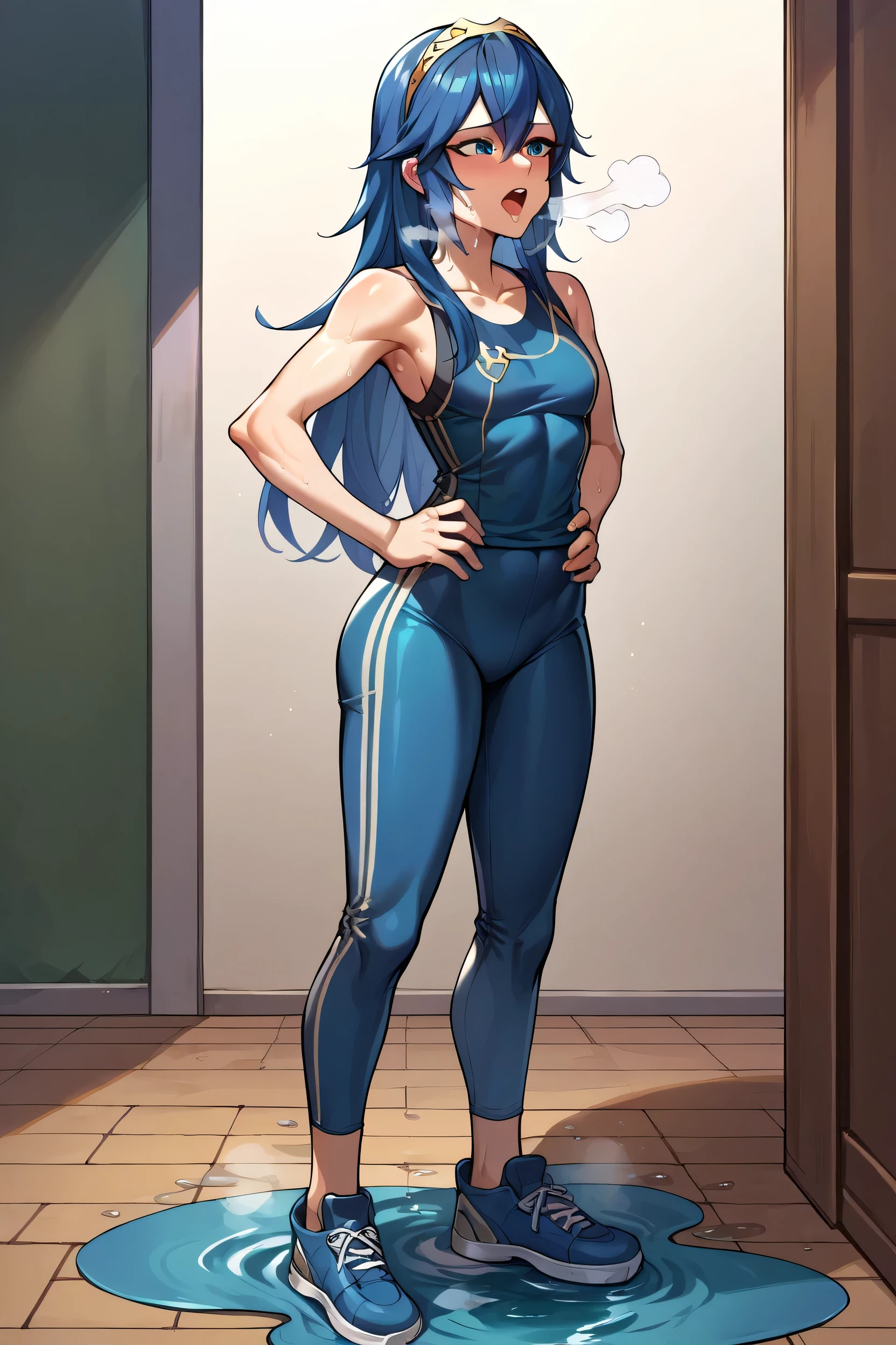 score_9, score_8_up, score_7_up, score_6_up, source_anime BREAK 1girl,  Lucina, dark blue tanktop, blue yoga pants, blue shoes, hands on hips, open mouth, out of breath, sweaty, sexy, exhuasted, steam coming out of her mouth, full body, puddle of sweat, tough hanging out