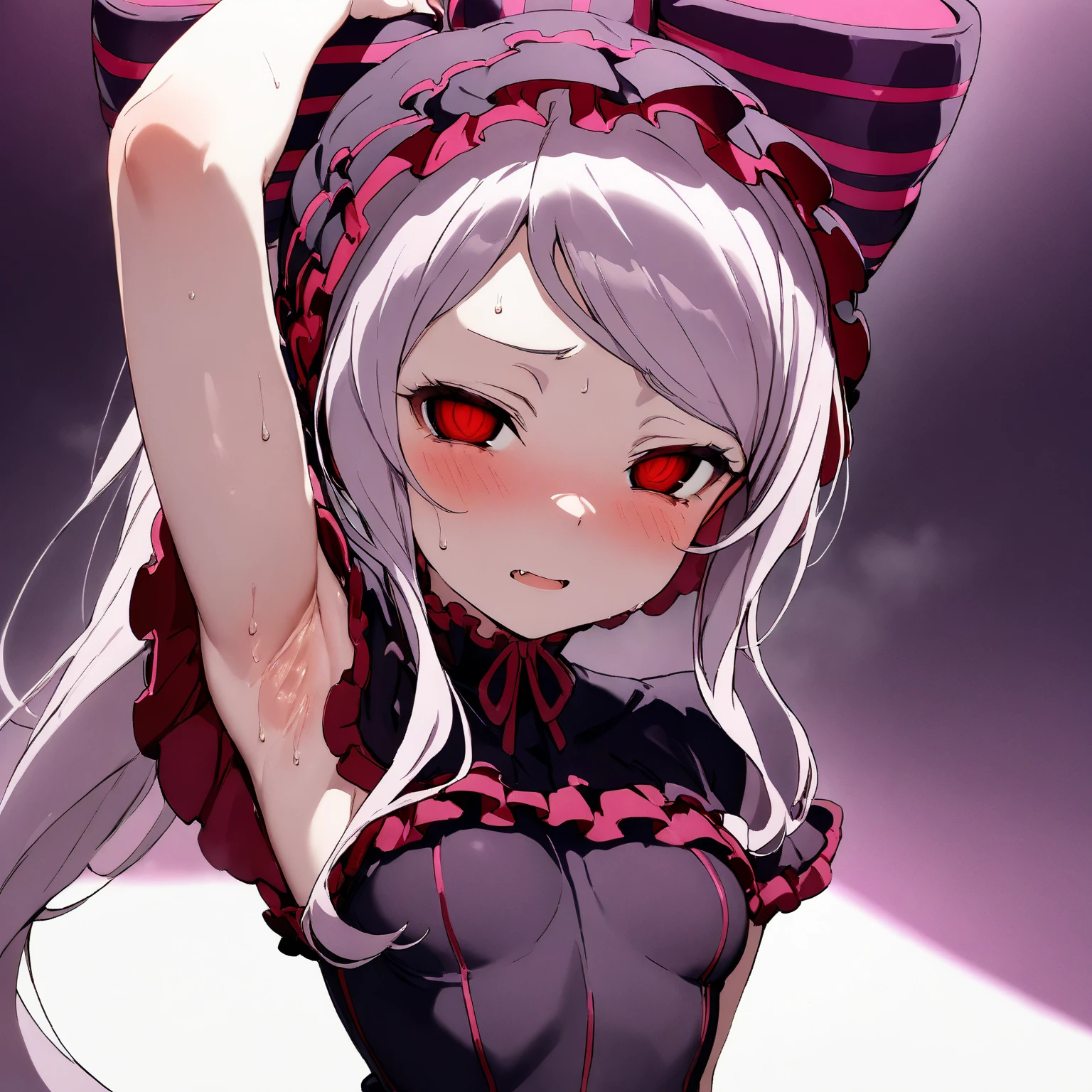 (Masterpiece, HDR, 4k, High Quality) 1girl, Shalltear Bloodfallen, flowing silver hair, wearing an elegant black dress adorned with red lace accents. Her dress features a gothic lolita style design. The girl's eyes are a sharp red (Hypnotized Expression, Show Armpits, Armpits, Armpits Detailed, Sweat Armpits, Shiny Armpits, More Armpits Detailed, Side Armpits) The background is simple with a neutral gray color.
