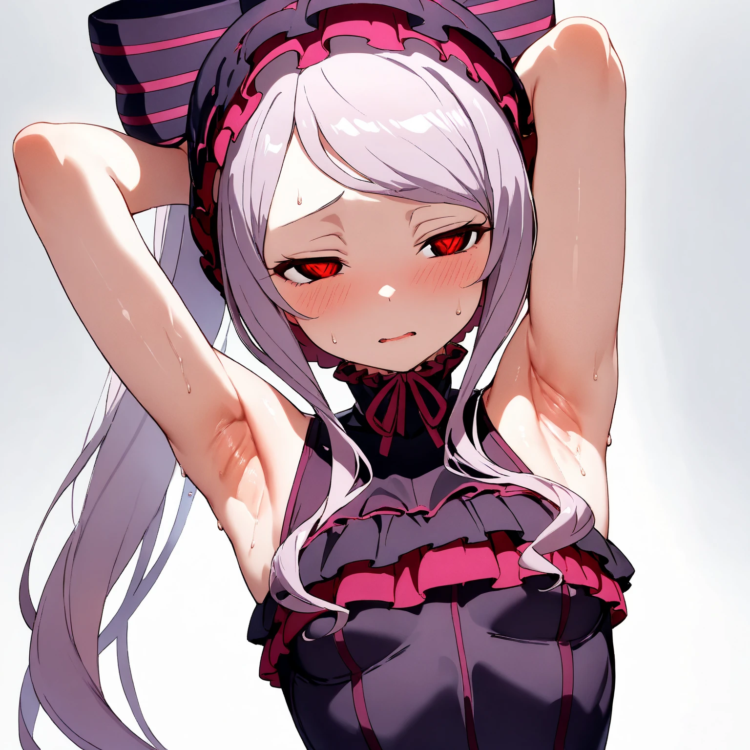 (Masterpiece, HDR, 4k, High Quality) 1girl, Shalltear Bloodfallen, flowing silver hair, wearing an elegant black dress adorned with red lace accents. Her dress features a gothic lolita style design. The girl's eyes are a sharp red (Hypnotized Expression, Show Armpits, Armpits, Armpits Detailed, Sweat Armpits, Shiny Armpits, More Armpits Detailed, Side Armpits) The background is simple with a neutral gray color.
