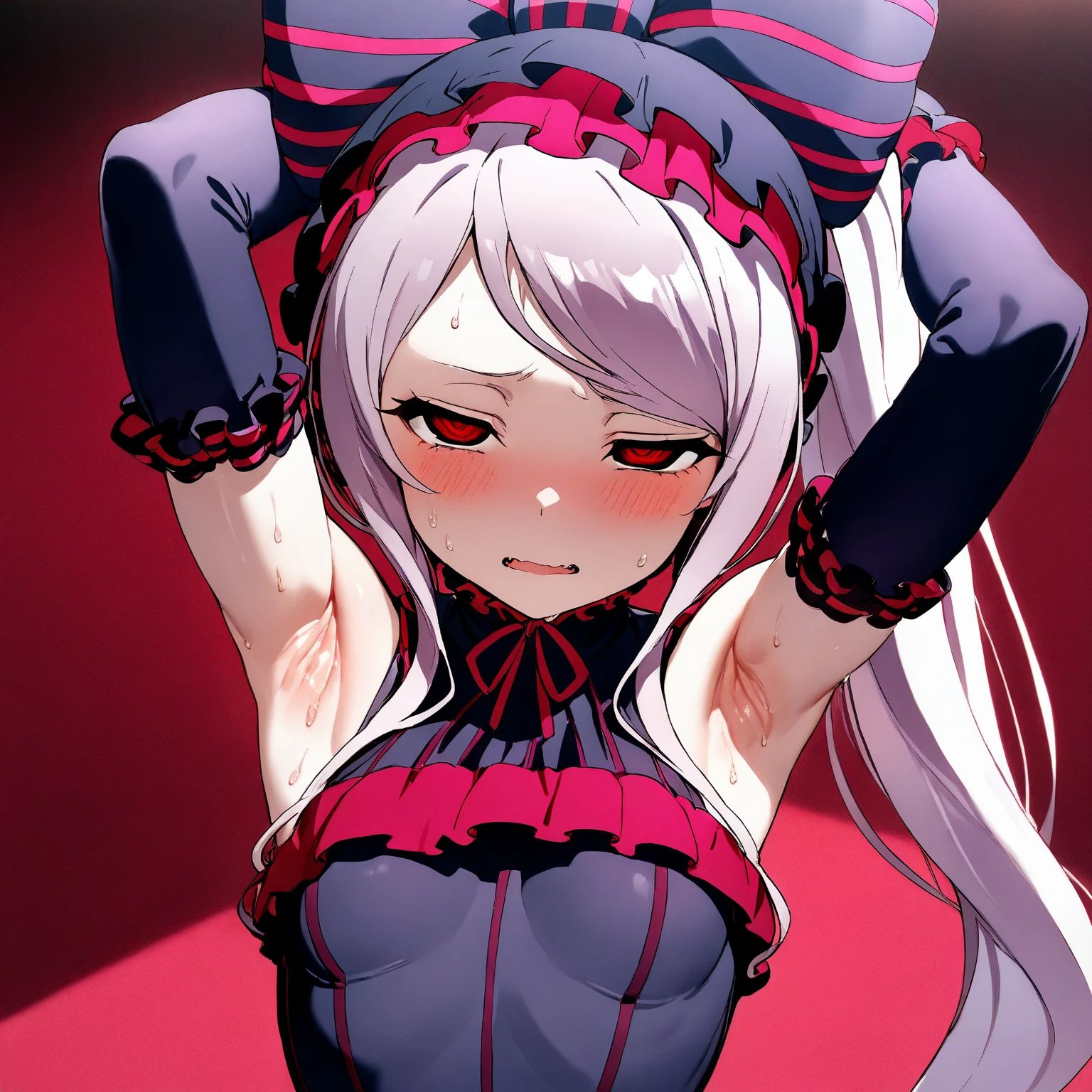 (Masterpiece, HDR, 4k, High Quality) 1girl, Shalltear Bloodfallen, flowing silver hair, wearing an elegant black dress adorned with red lace accents. Her dress features a gothic lolita style design. The girl's eyes are a sharp red (Hypnotized Expression, Show Armpits, Armpits, Armpits Detailed, Sweat Armpits, Shiny Armpits, More Armpits Detailed, Side Armpits) The background is simple with a neutral gray color.
