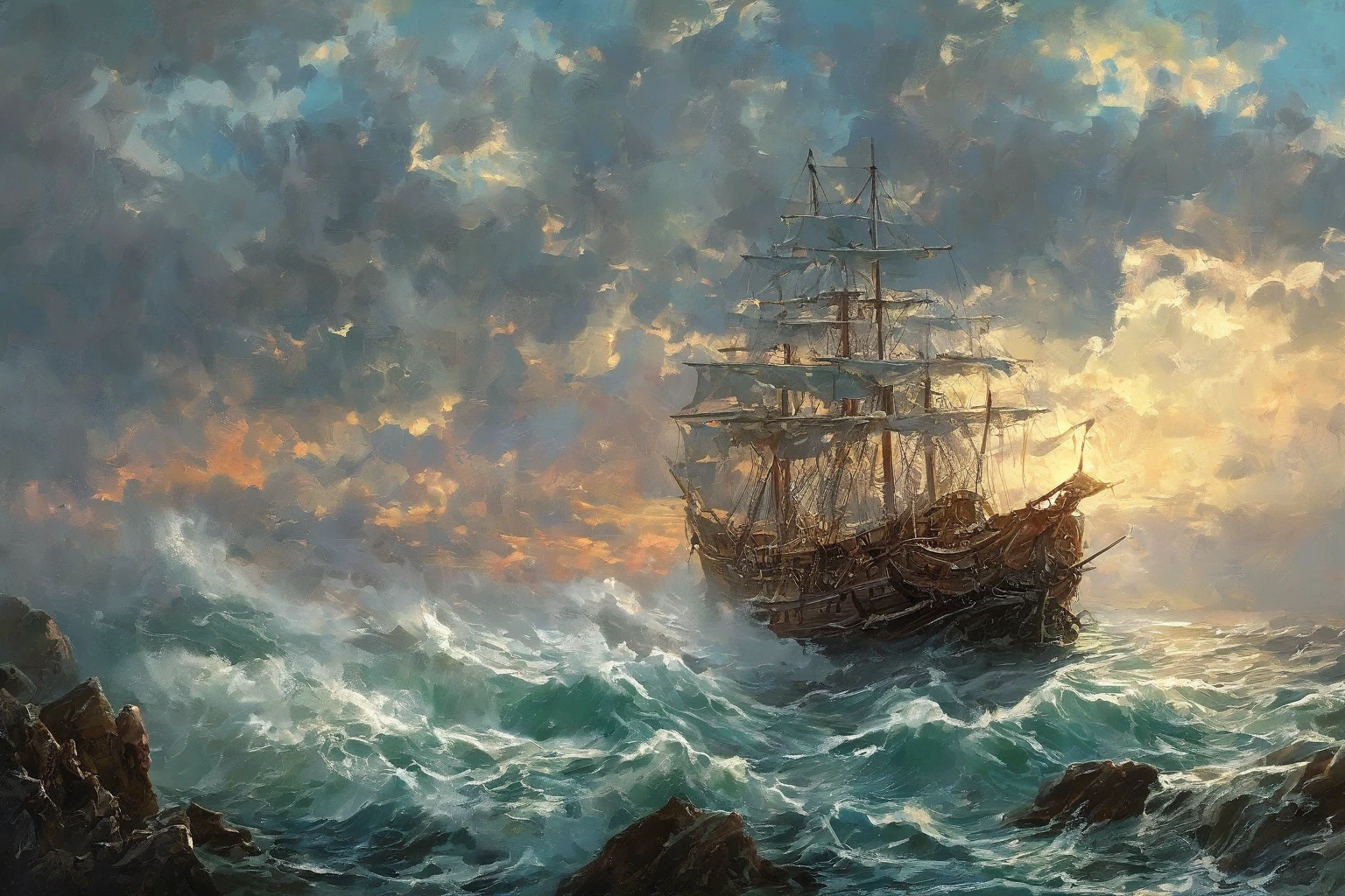 (((Sailing ship on the waves))). ( Fighting the elements ), (High cliff .  View from above the cliff . ( A sprawling cedar grows on the cliff)) (( rays of light break through the clouds, rays of light fall on the water )) ( Waves crash , grins foam ), ( gloomy heavy thunderstorm sky) ,  coast ,  top view from a cliff ,  raging sea waves below . (( A huge creature is coming from the water , Creepy creature, lovecraftian monster)),  long giant tentacles with multiple mouths with several rows of teeth,  ominous fantasy illustration , looming creature with long, Nyarlathotep, lovecraft landscape, Silhouette,  emerging from backlight . ( Behind him is a huge ,  more sea leviathan .  A sea serpent with a stretch face to clouds from water . In the white fog ), Lovecraft background , Lavkraftovskaya atmosphere , ( masterpiece fails,  cloud girl ,  Top image quality,  high definition ,  photorealistic , RAW photo, 8 k),  Vertical view from afar . ((Стиль Greg Rutkowski)), ((Aivazovsky style)), ( oil painting ). (( set of details )). (high view from above ). ((View from afar)). (( view from above )).