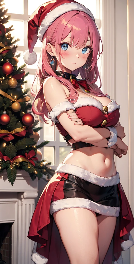 "anime girl, 1 person, bright red hair, shoulder length hair, dark red eyes, Santa hat, Santa tube costume, red dress, big breasts, discreet, stockings, holding Christmas gift box, Christmas gift box birth, snowfall, solo, front view, (full HD 4K+ photo)"