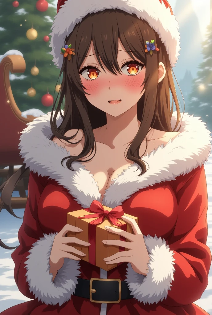 (Santa girl:1.2), (realistic:1.1), (best quality,4k,8k,highres,masterpiece:1.2), ultra-detailed, (aesthetic:1.1), perfect lighting, (unity 8k:1.1), (photo-realistic:1.37), (HDR, UHD:1.1), (sharp focus:1.1), (physically-based rendering:1.1), (vivid colors:1.1), (bokeh:1.1), (beautiful detailed eyes:1.1), (beautiful detailed lips:1.1), (long eyelashes:1.1), (extremely detailed face:1.1), (white beard:1.1), (red suit:1.1), (fur trim:1.1), (sleigh in background:1.1), (snowy landscape:1.1), (joyful expression:1.1), (holding gifts:1.1), (Christmas spirit:1.1), (warm and cozy:1.1)