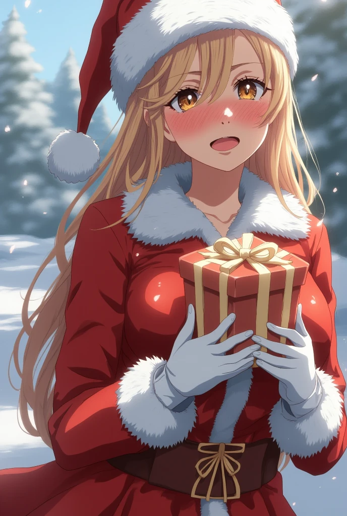 (Santa girl:1.2), (realistic:1.1), (best quality,4k,8k,highres,masterpiece:1.2), ultra-detailed, (aesthetic:1.1), perfect lighting, (unity 8k:1.1), (photo-realistic:1.37), (HDR, UHD:1.1), (sharp focus:1.1), (physically-based rendering:1.1), (vivid colors:1.1), (bokeh:1.1), (beautiful detailed eyes:1.1), (beautiful detailed lips:1.1), (long eyelashes:1.1), (extremely detailed face:1.1), (white beard:1.1), (red suit:1.1), (fur trim:1.1), (sleigh in background:1.1), (snowy landscape:1.1), (joyful expression:1.1), (holding gifts:1.1), (Christmas spirit:1.1), (warm and cozy:1.1)