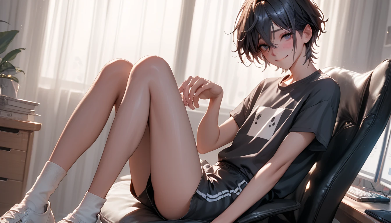 a chinese femboy is in his bedroom, he is sit down on a chair in front of his computer, in his bedroom, he wears only a dark style t-shirt and he is without shorts. He is very skinny and looking , he is completely hairless, slim,  looking shy but happy, dark fancy hair, cute face, slim legs.