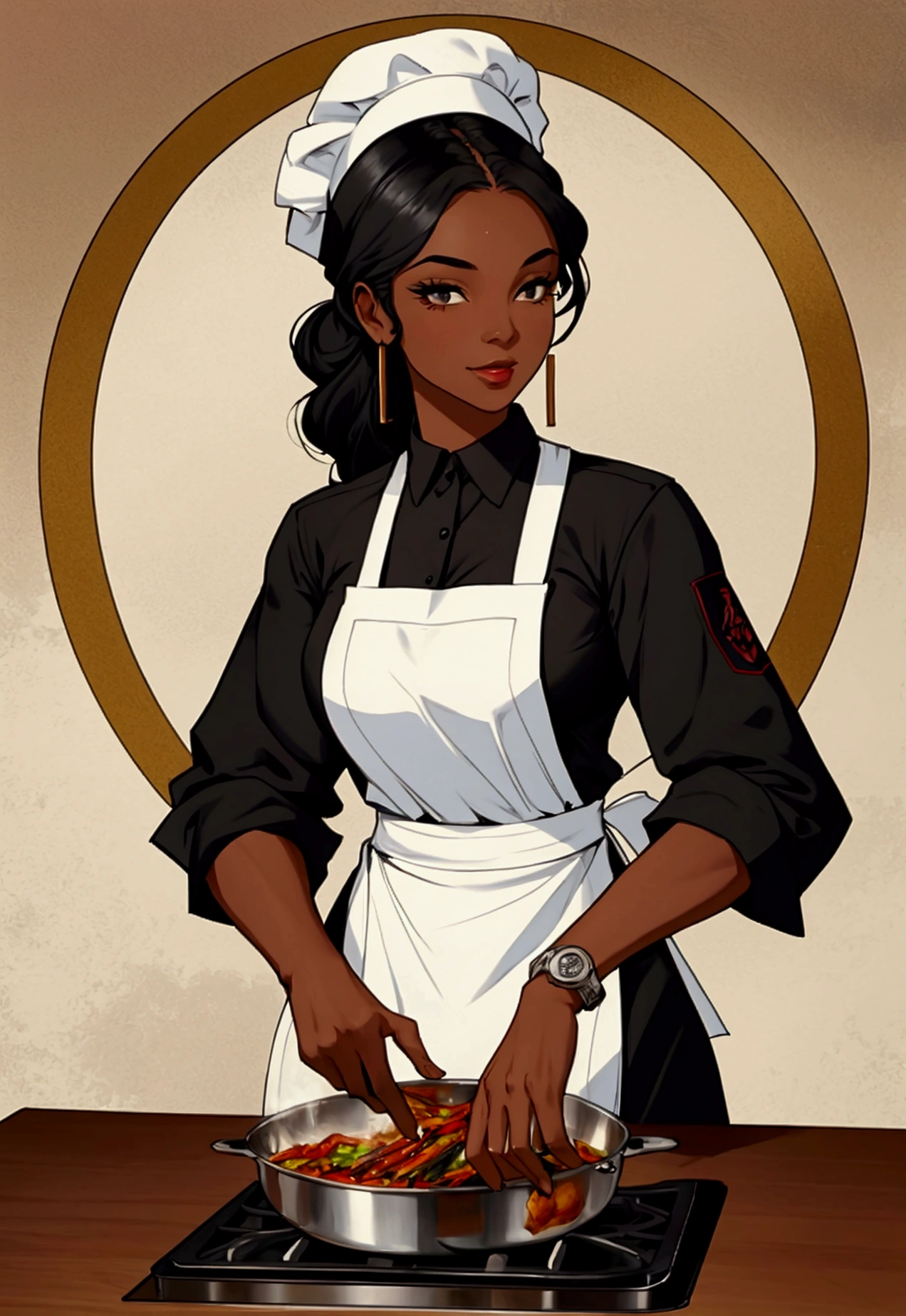 score_9, score_8_up, score_7_up, source_anime, 1woman, mature, human female, human, detailed face, jawline, collar, lustful eyes, smooth skin, dark skin, black skin, beautiful eyes, yellow eyes, black hair, huge breasts, dreads, dreadlocks hair, chef, hat, apron, in a stone kitchen, timid, gentle, cookies,