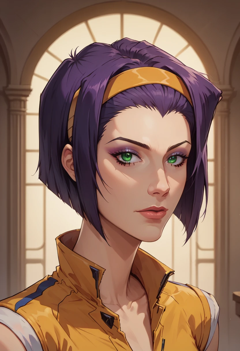 score_9, score_8_up, score_7_up, 1girl, High resolution, Very detailed, perfect lighting, beautiful detailed eyes, ((masterpiece,Best Quality)), absurdities, Alone, Faye Valentine, \(Cowboy bebop\)), bob cut, green eyes, purple hair ,hairband, eyeshadow