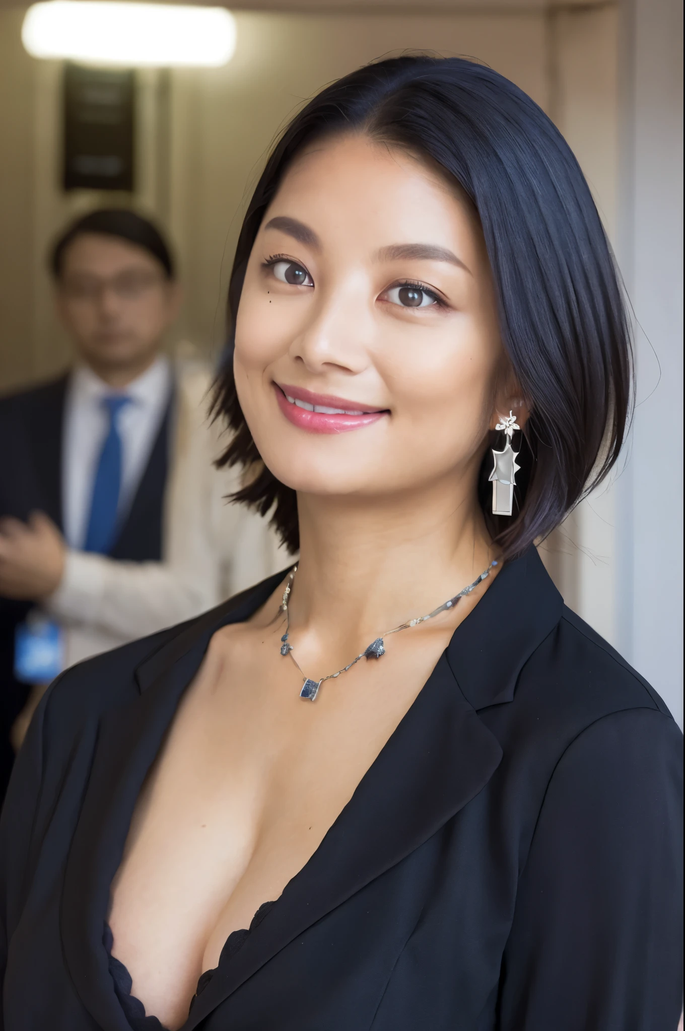 black hair, short hair, smile, depth of field, ((UHD)), textured skin, super detail, (high details), (high quality), 8k, 1girl, sexy, (SFW:1.0), realistic,(politician:1.2), cleavage, black jacket, suit, necklace, parliament badge, earrings, real skin, (sagging breasts:1.0), (big breasts:1.4), mole, in parliament, in congress, in senate, meeting, indoors, standing, microphone, talking