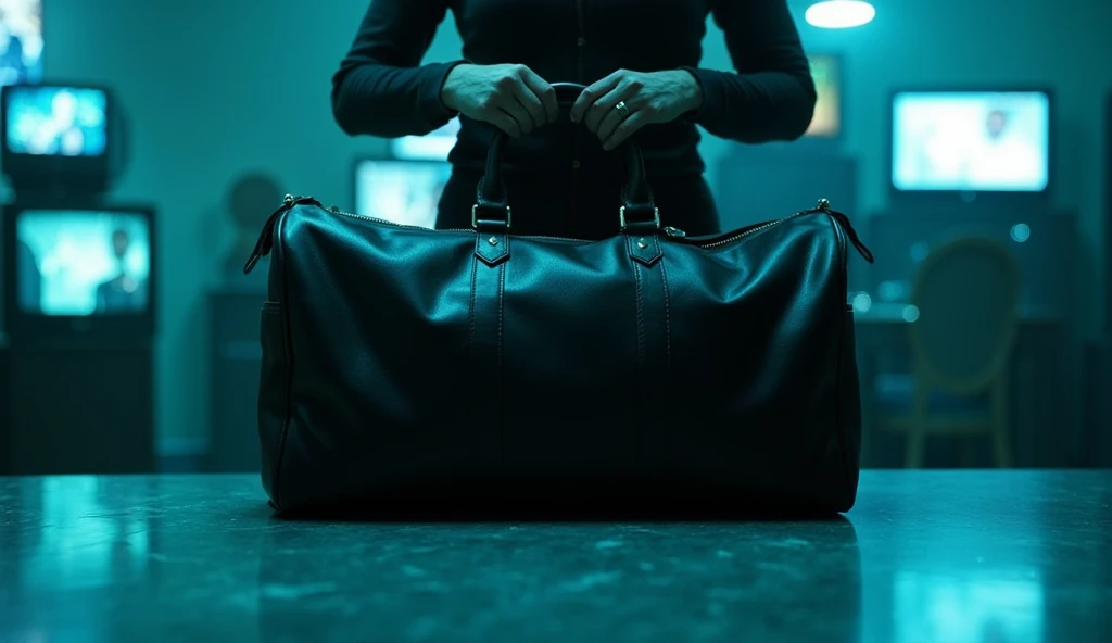 An extreme close-up captures the chestnut-haired model’s hands gripping the handles of the **Louis Vuitton Keepall Bandoulière 55 duffle bag**, its sleek black leather surface glinting faintly under the dim cyan overhead lighting. Neatly stacked cash peeks out from the bag’s open top, reflecting the soft glow from the surrounding screens. In the background, blurred silhouettes of stacked TVs and misty reflections enhance the cinematic tension. Her glossy navy stiletto heels click softly against the polished marble floor as she approaches the table.