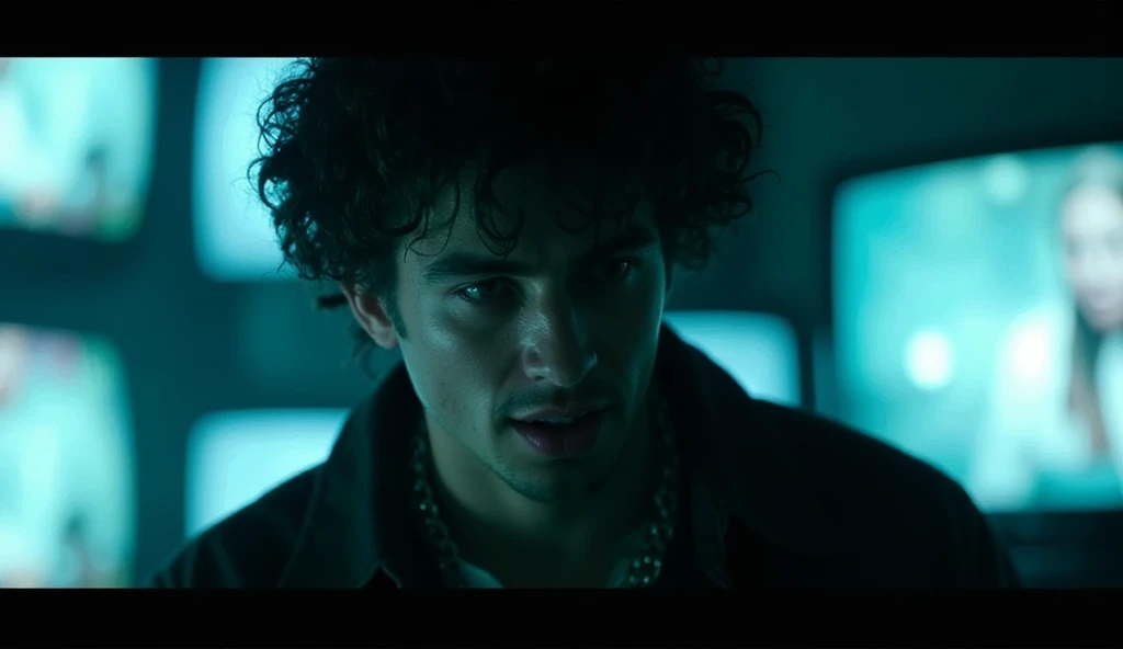 An extreme close-up focuses on Jazeek1’s intense gaze as he glances at the duffle bag being placed on the table. His natural curls glow faintly in the cyan backlight, while shadows accentuate the sharp lines of his jaw and cheekbones. The platinum Cuban link chain resting on his chest glints faintly as his lips curl into a subtle smirk of approval. The faint flicker of TV screens reflects in his deep brown eyes, adding depth and power to his commanding presence.