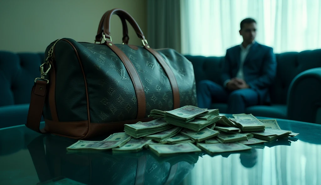 An extreme close-up frames the **Louis Vuitton Keepall Bandoulière 55 duffle bag** on the sleek glass coffee table. The stacks of cash inside are perfectly aligned, the edges crisp under the soft cyan lighting. A few loose bills spill slightly onto the table, their green and blue tones reflecting in the polished glass surface. In the blurred background, Jazeek1’s confident silhouette is visible, seated regally on the navy velvet couch.