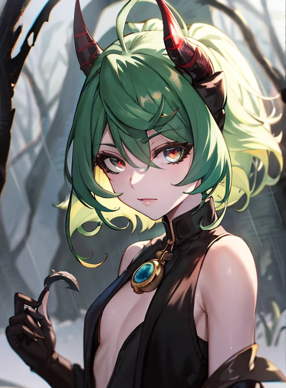em meio nvens de raios pretos energy full of eye the vibrantes de Sharingan Iori Yagami girl + Clear Redfield cavalos pale skinny demon, smirking, short com gel black Green brilhante hair, dark art nouveau, insane but beautiful, red hot lips, yellow jewellery, elegant figure, evil, goth, unrealistic, frightening looks, fairy grunge, by Guy Denning, Ilya Kuvshinov, award-winning, professional, highly detailed, masterpiece, intricate, atmospheric, 16k, HDR
