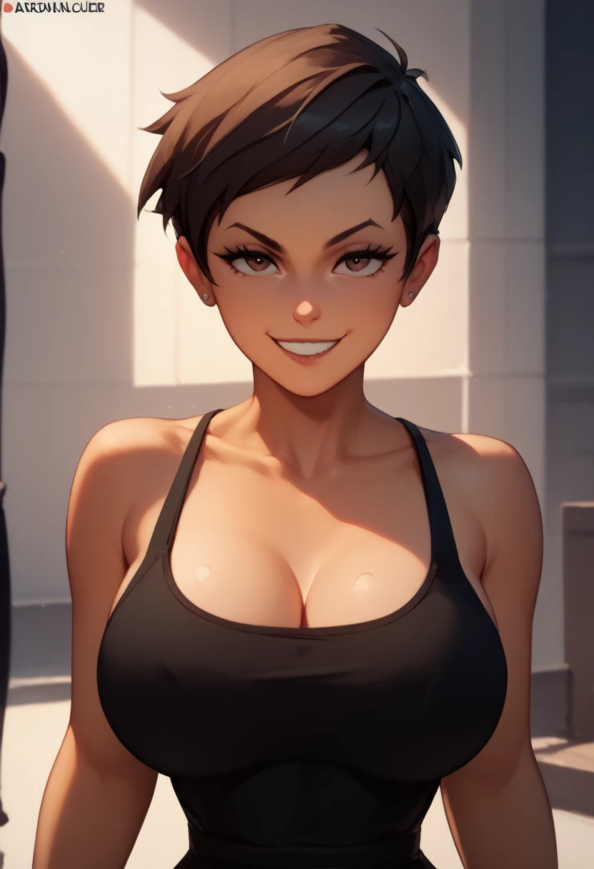 Anime female soilder, cute yet arrogant and sarcastic smug face, short hair, big breasts, brown skin, arrogant smile, soilder black clothes, sexy petite body