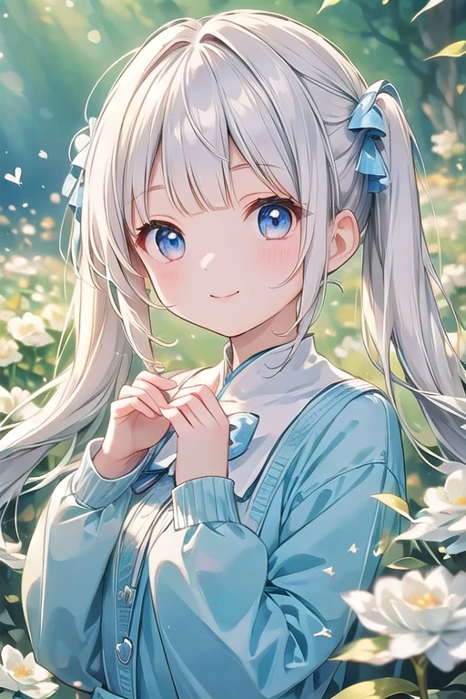  white hair 、Blue and white eyes、 twin tails、Light Blue Sweater(uniform)、cute、 girl、smile、Making a heart with hands