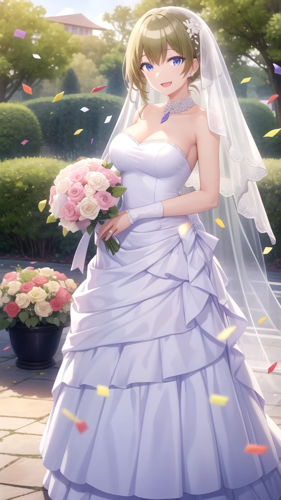 masterpiece, best quality, highres, 1girl, detailed face, blush, anime CG style, (medium breasts), (18 year old girl), good lighting, perfect body, sakura kinomoto, (tape gag), (tape bound), (arms bound), eyes wide, pupils dilated, garden, strapless wedding dress, necklace, jewelry, full body