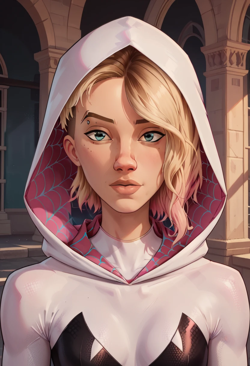 score_9, score_8_up, score_7_up, 1girl, High resolution, Very detailed, perfect lighting, ((masterpiece,Best Quality)), absurdities, Alone, Gwen Stacy, \(Spider-Verse\)), superhero suit, hood, mask