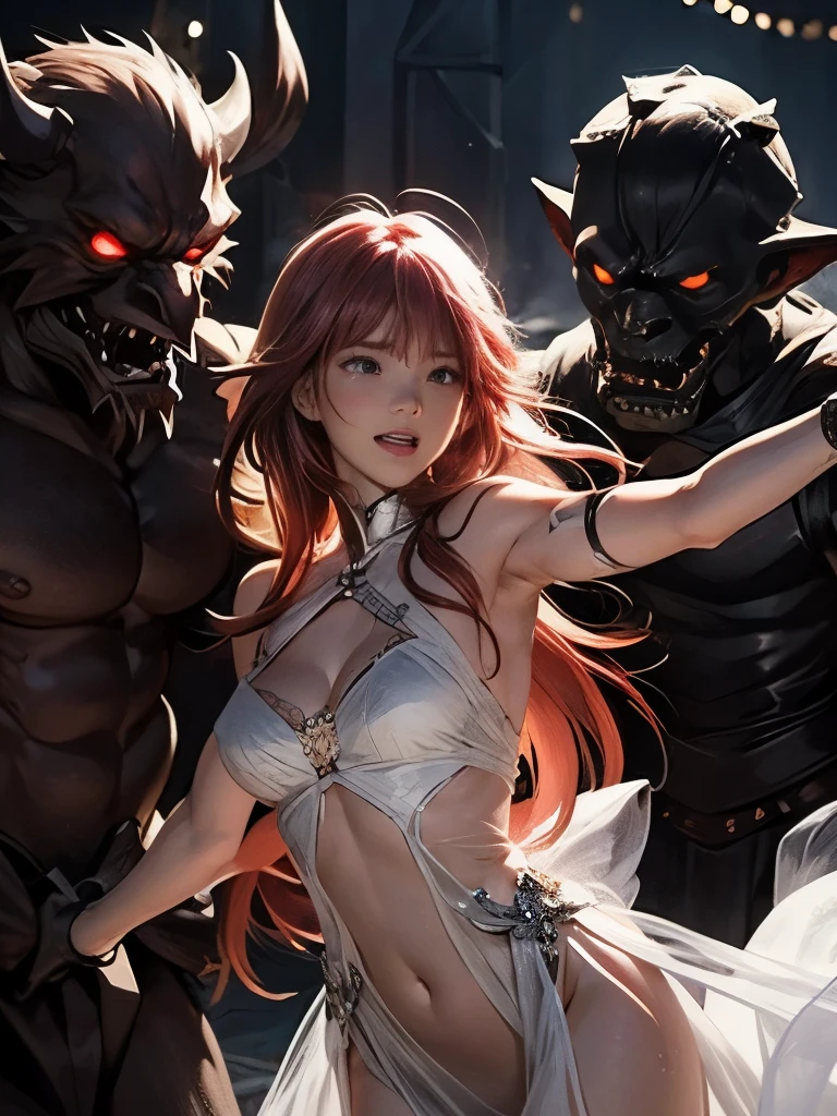 top quality、torture、 slave、restrict、Bondage、Caught by a bunch of monsters 、Surrounded by monsters、、 beautiful woman with very long reddish pink hair( messy hair standing in the way)、white see-through celtic dress 1:5(white、Small breasts、 deep v-neck、Sleeveless、No elbow pads、Beautiful woman with very long purple hair 、Deep slit、 Fine Enough to See Through Skin 、羽衣状のwhiteロングスカート、 sexy)、 Tears overflow 、 frightened expression 、run away、attacked by many monsters 1:5、 many ferocious monsters 1 :5、 monster grabs arm . Monster Attacked from behind 、 monster grabs foot 、 horde of monsters 1 :5、Midnight、 Darkness、 Different Worlds 、dungeons、Dark fantasy、Pitch Black Hell