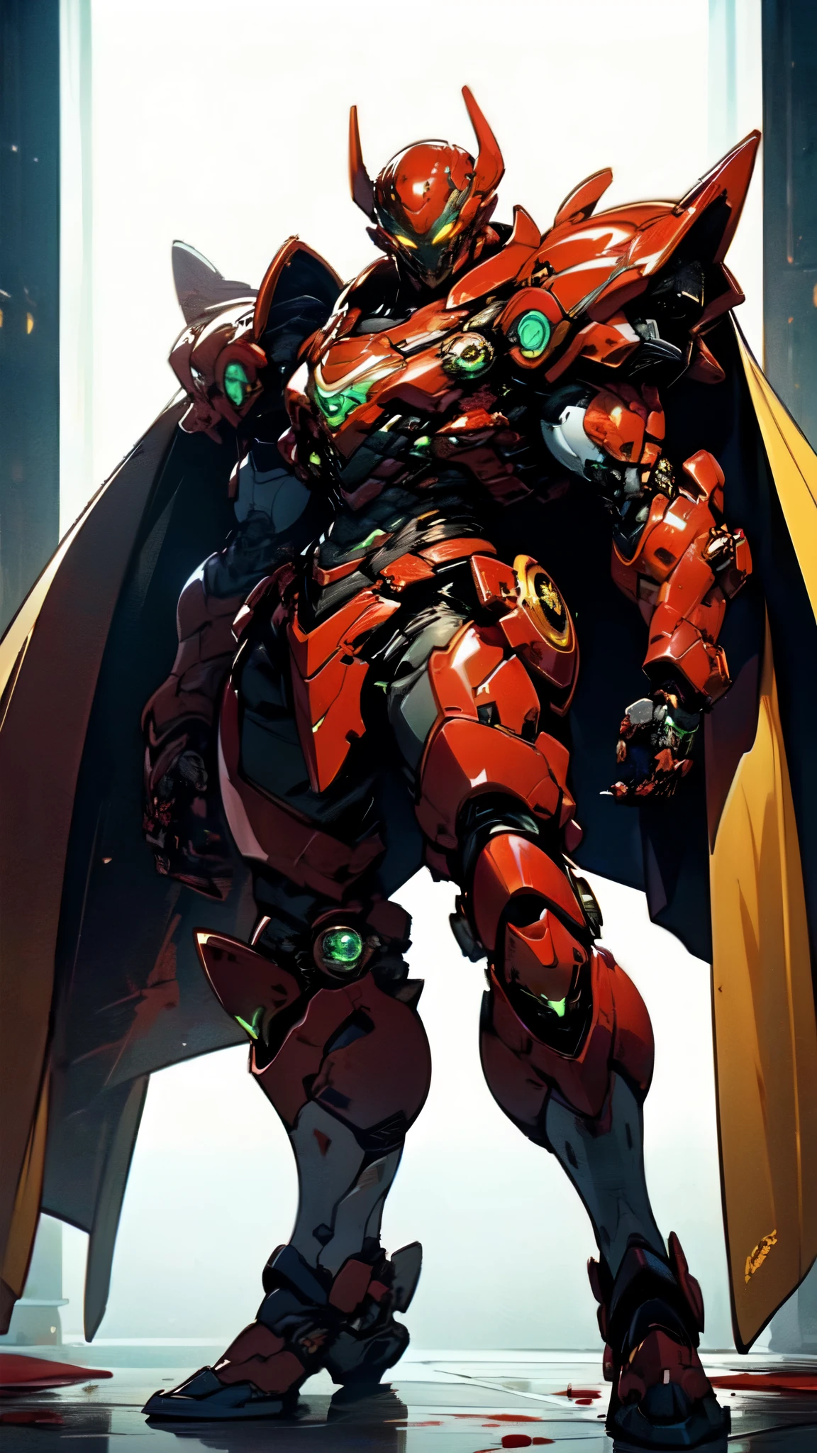 (masterpiece:1.5, best quality:1.5, extremely delicate:1.5), ((male:1.5)), a man wearing a full-face helmet, high-tech biomimetic armored combat suit, (a composite layered chest armor), the design balances heavy with agility, fully enclosed shoulder guards, matching arm and leg guards, a belt of gemstone, (the color scheme is primarily Yellow with Red and Purple accents, Organic Biotech, Concept Inspired by Vampire, glowing eyes, armor glows, huge cloak like devil wings, blood), stand of a futuristic sci-fi city, this character embodies a finely crafted fantasy-style armored hero in anime style, exquisite and mature art style, metallic, high definition, highres, ultra-detailed, ultra-fine painting, professional, perfect body proportions, golden ratio, anatomically correct, symmetrical face, extremely detailed eyes and face, high quality eyes, creativity, RAW photo, UHD, 32k, Natural light, cinematic lighting, (masterpiece-anatomy-perfect:1.2)