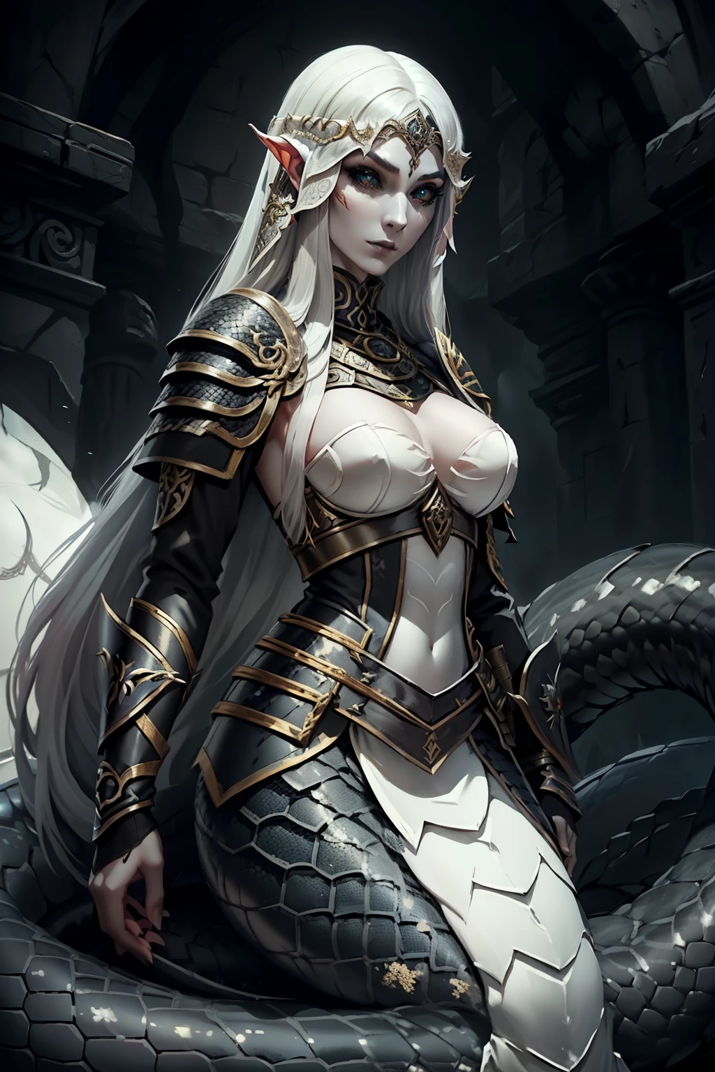 medieval fantasy, female ((lamia)), (black iris), (grey pulil), black snake tail, (long white hairs), ((very pale skin)), Scimitar and shield, middle eastern, azt3ch