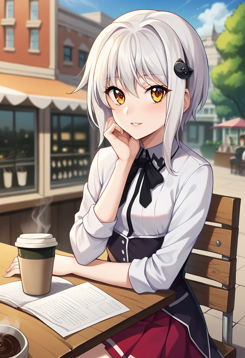  score_9,  score_8_up,  score_7_up,  source_Anime,   masterpiece  ,  1 girl, ctiank0nek0  ,  dress shirt,  pleated skirt, Black Ribbon,  red skirt ,   half black uniform,  Long Sleeve ,  outdoors, city,  depth of field, looking at viewer,  sitting,  coffee shop , table,   hand on chin  , throw, 