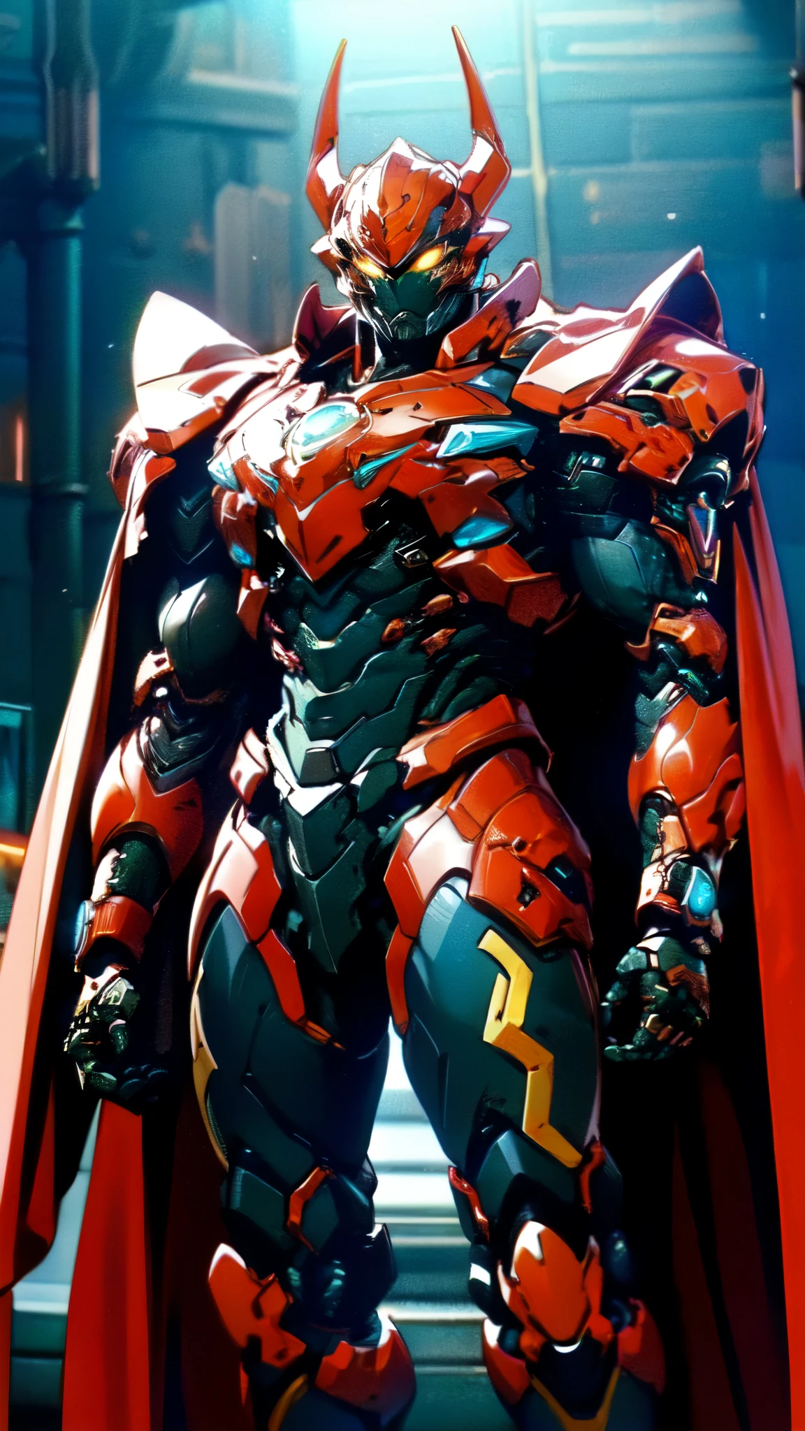 (masterpiece:1.5, best quality:1.5, extremely delicate:1.5), ((male:1.5)), a man wearing a full-face helmet, high-tech biomimetic armored combat suit, (a composite layered chest armor), the design balances heavy with agility, fully enclosed shoulder guards, matching arm and leg guards, a belt of gemstone, (the color scheme is primarily Yellow with Red and Purple accents, Organic Biotech, Concept Inspired by Vampire, glowing eyes, armor glows, huge cloak like devil wings, blood), stand of a futuristic sci-fi city, this character embodies a finely crafted fantasy-style armored hero in anime style, exquisite and mature art style, metallic, high definition, highres, ultra-detailed, ultra-fine painting, professional, perfect body proportions, golden ratio, anatomically correct, symmetrical face, extremely detailed eyes and face, high quality eyes, creativity, RAW photo, UHD, 32k, Natural light, cinematic lighting, (masterpiece-anatomy-perfect:1.2)